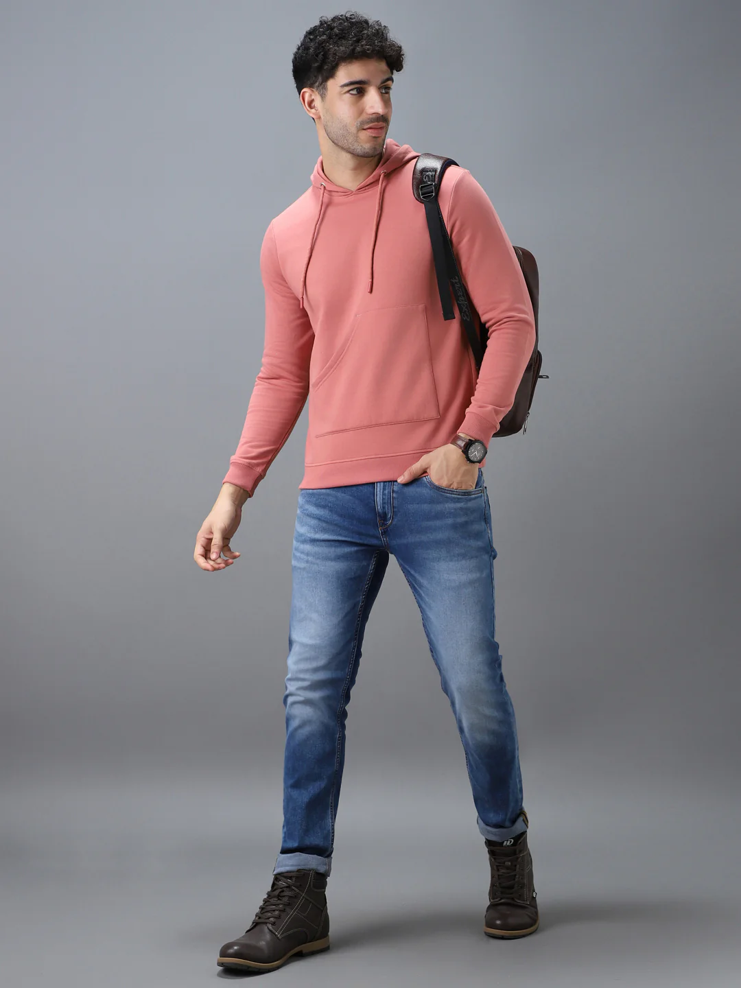 Men's Pink Cotton Solid Hooded Neck Sweatshirt - Image 4
