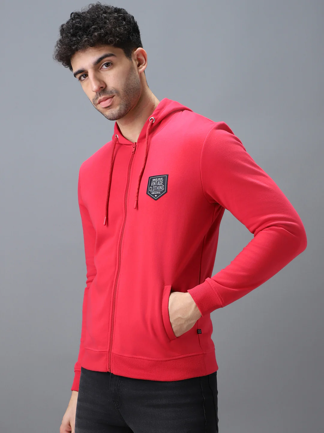 Men's Pink Cotton Solid Zippered Hooded Neck Sweatshirt - Image 2