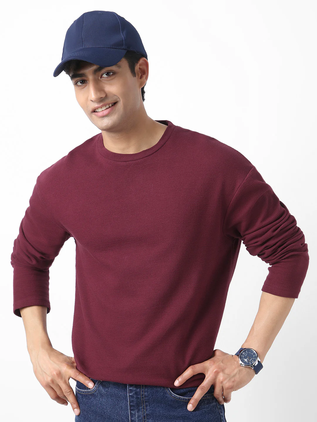 Men's Plum Textured Round Neck Oversized Full Sleeve Cotton T-Shirt - Image 2