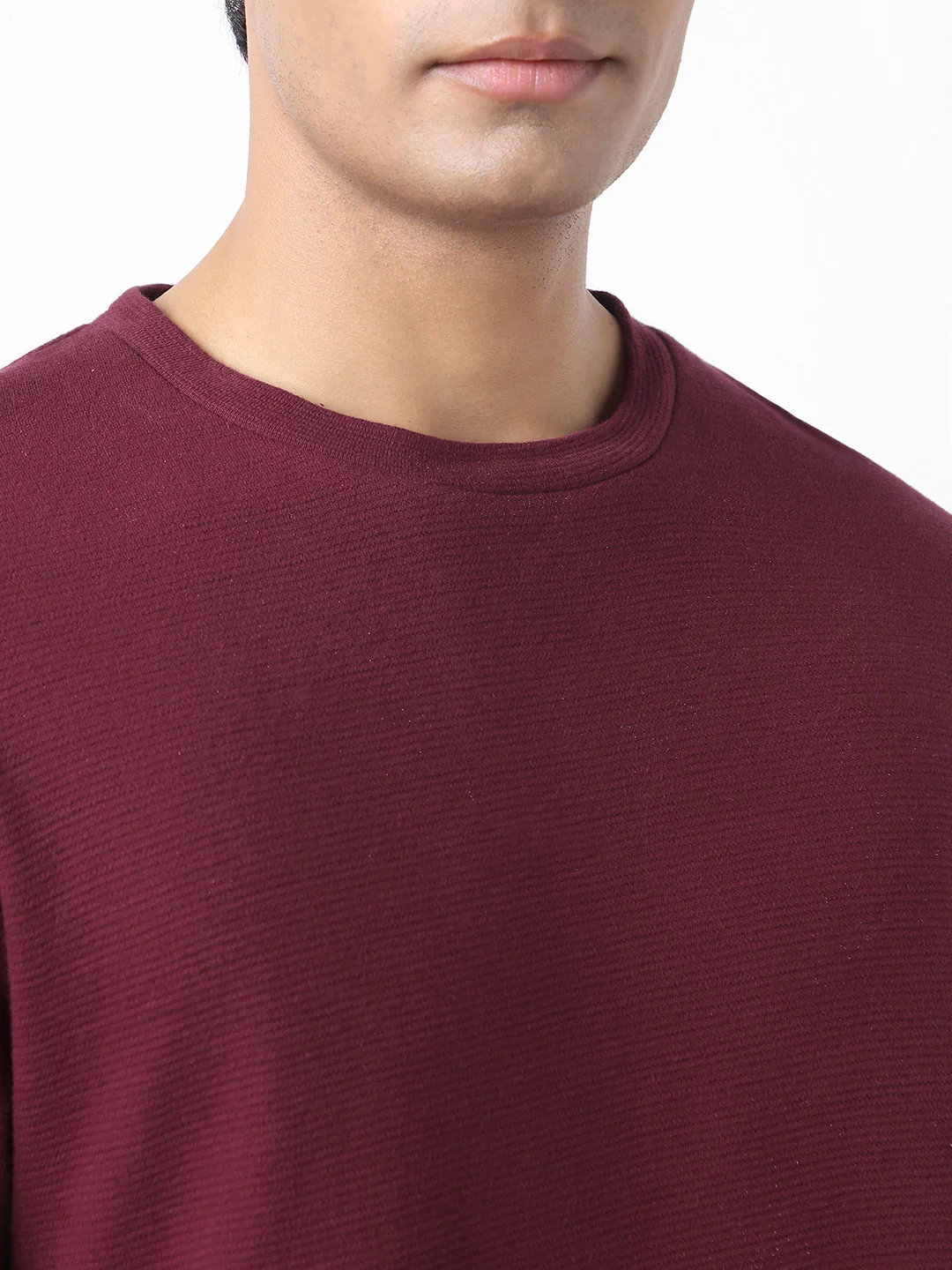 Men's Plum Textured Round Neck Oversized Full Sleeve Cotton T-Shirt - Image 3