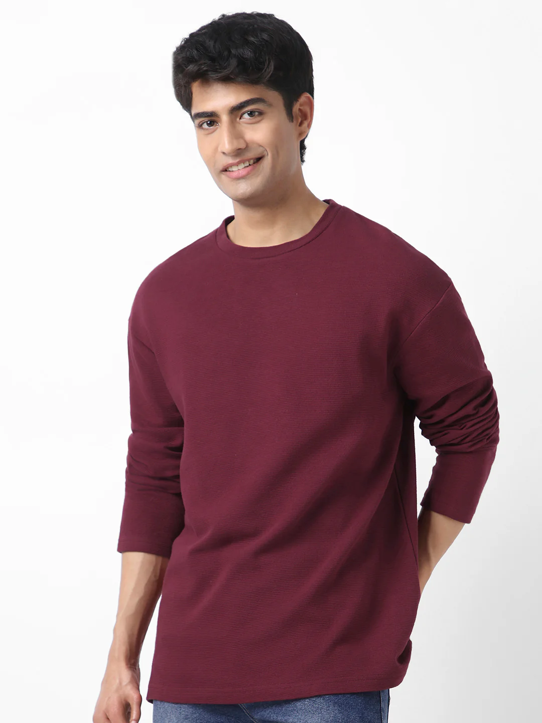 Men's Plum Textured Round Neck Oversized Full Sleeve Cotton T-Shirt - Image 4