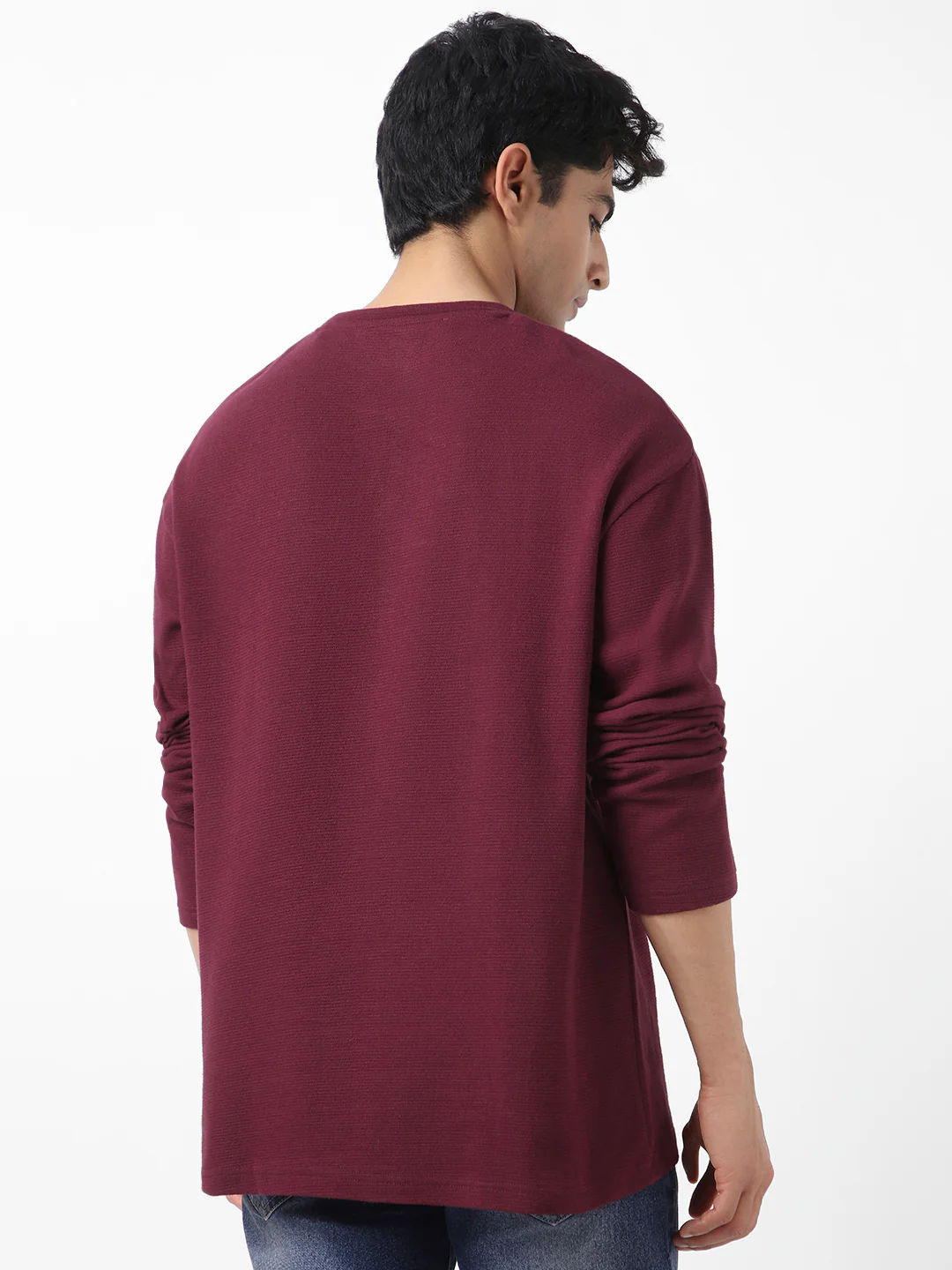 Men's Plum Textured Round Neck Oversized Full Sleeve Cotton T-Shirt - Image 5