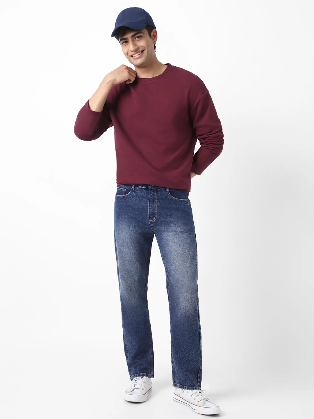 Men's Plum Textured Round Neck Oversized Full Sleeve Cotton T-Shirt - Image 6