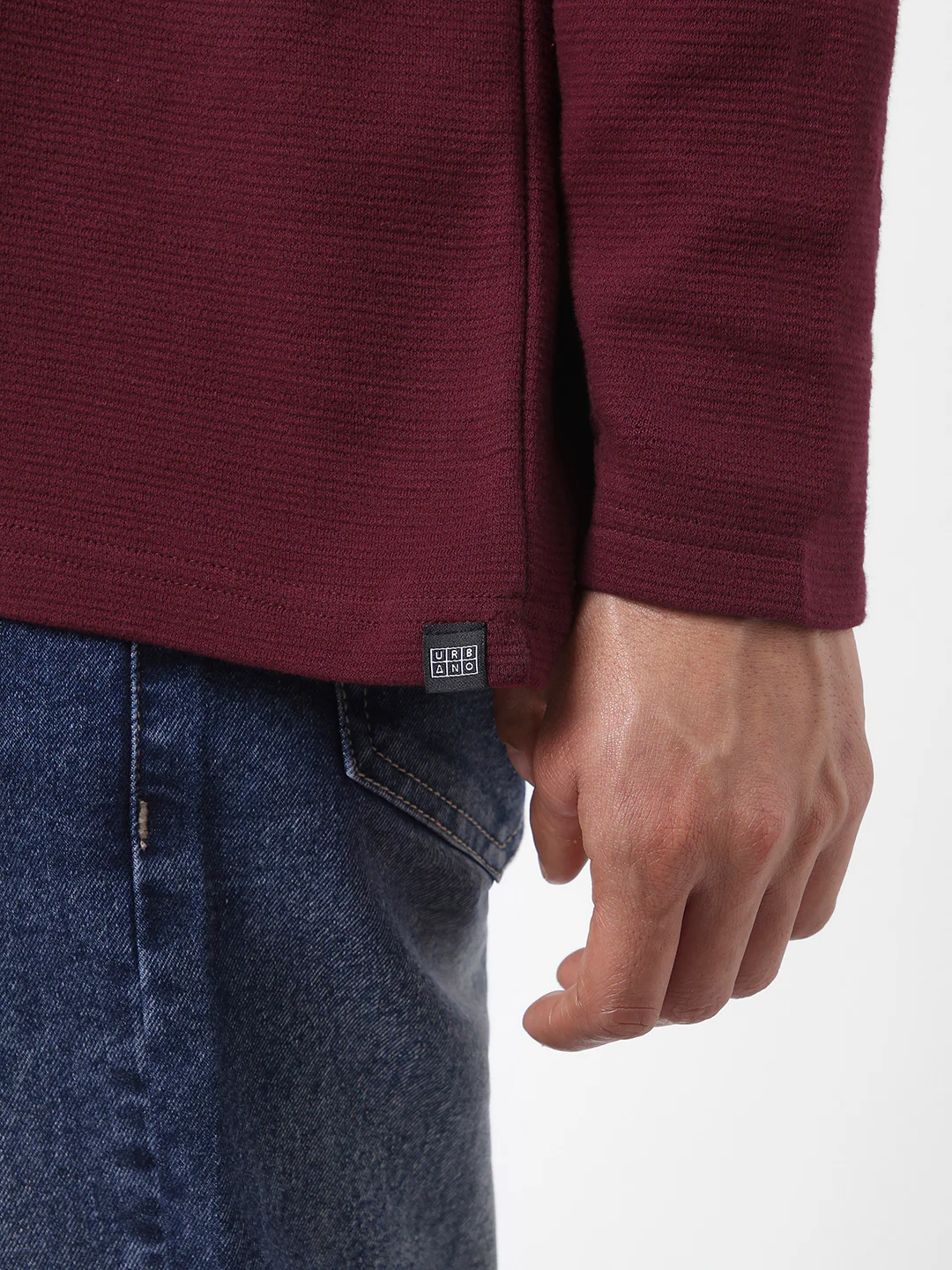 Men's Plum Textured Round Neck Oversized Full Sleeve Cotton T-Shirt - Image 7