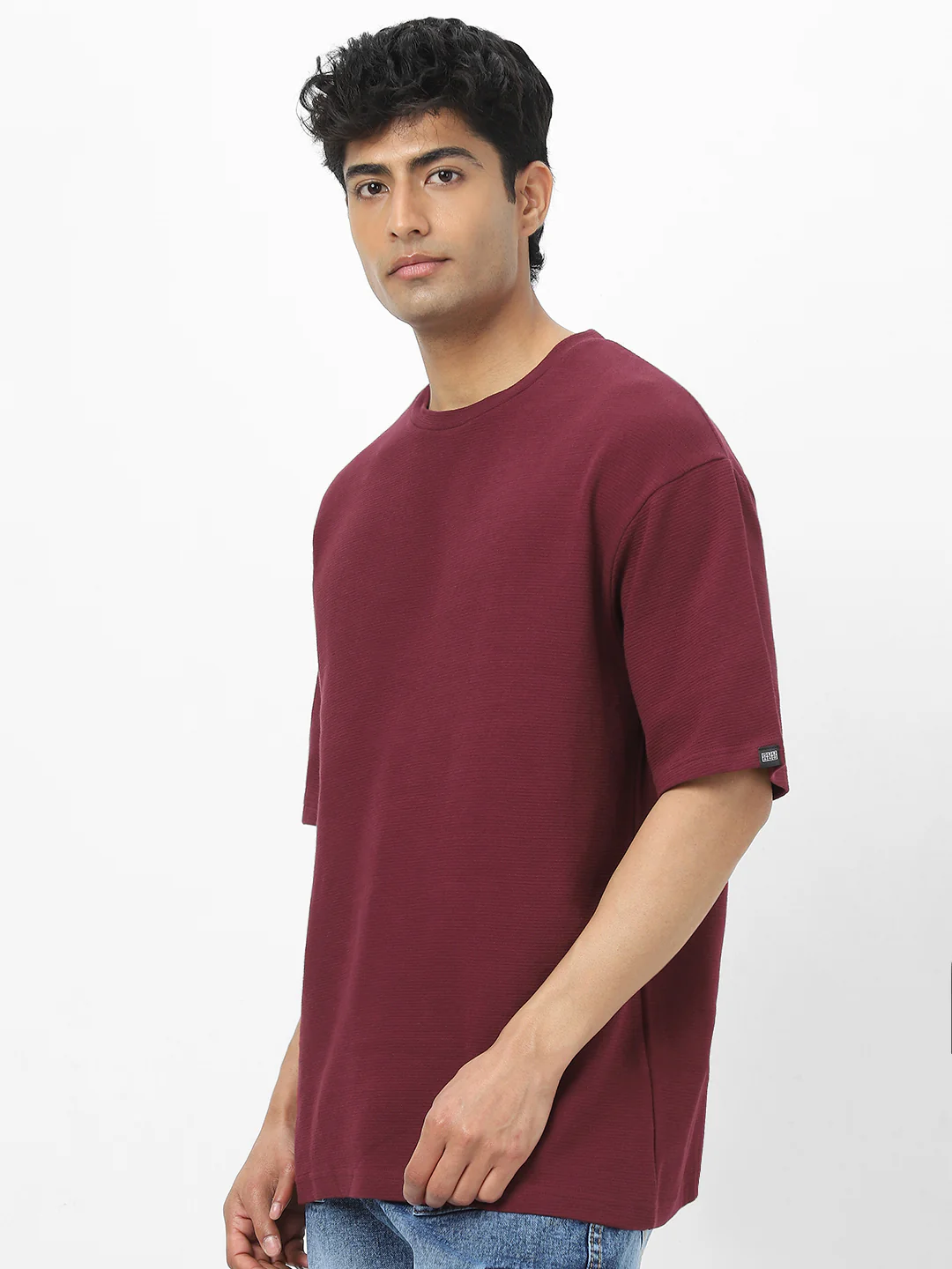 Men's Plum Textured Round Neck Oversized Half Sleeve Cotton T-Shirt - Image 4