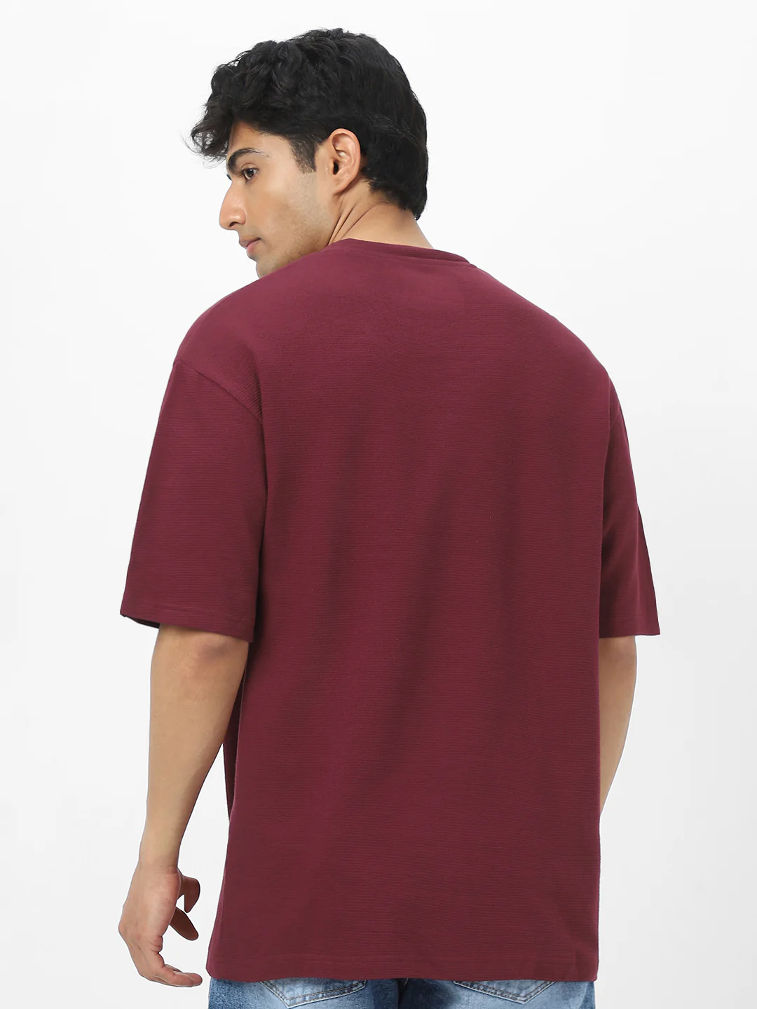 Men's Plum Textured Round Neck Oversized Half Sleeve Cotton T-Shirt - Image 5