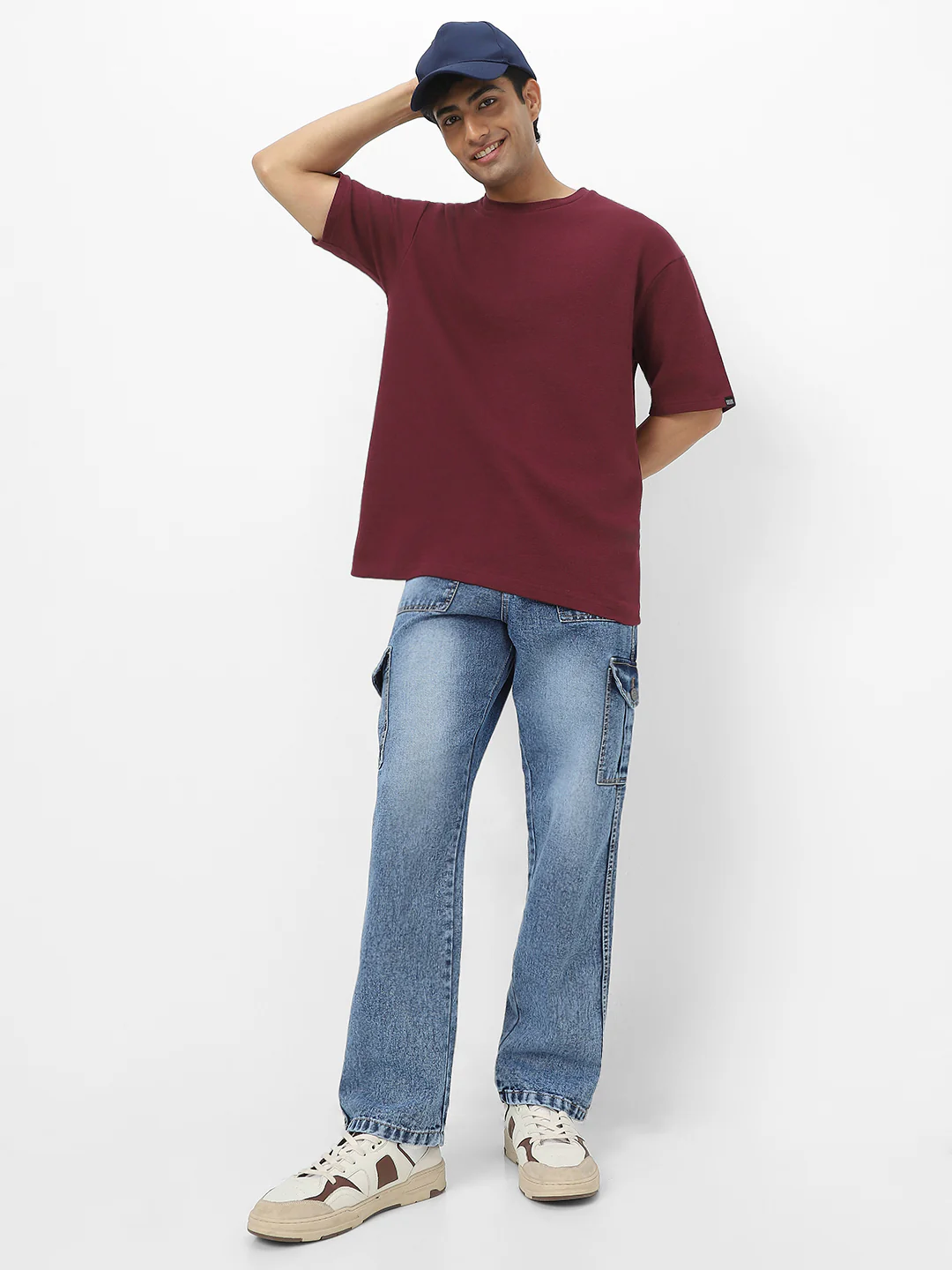 Men's Plum Textured Round Neck Oversized Half Sleeve Cotton T-Shirt - Image 6