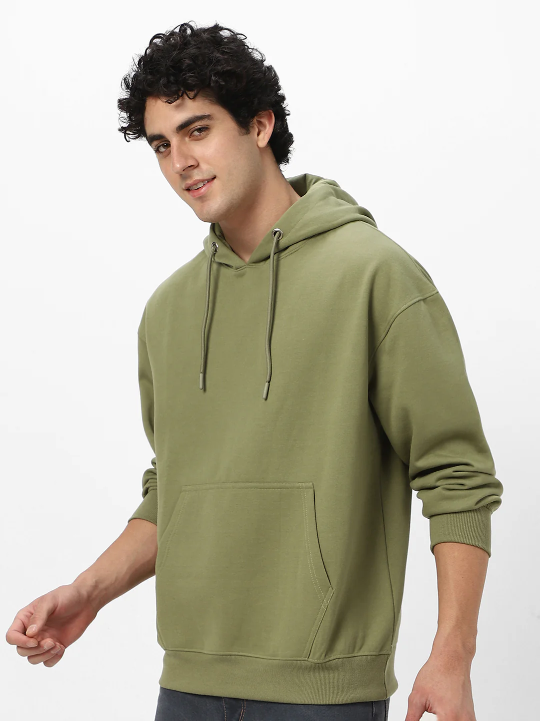 Men's Potent Olive Cotton Solid Oversized Hooded Neck Sweatshirt - Image 2