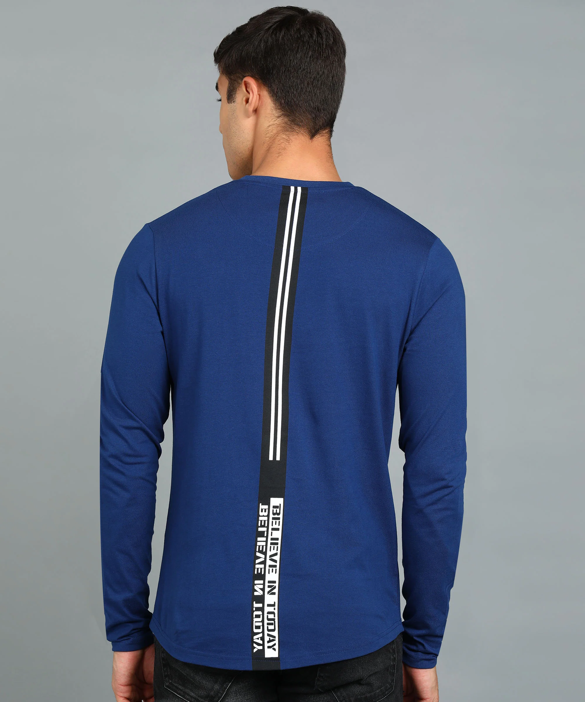 Men's Printed Dark Blue Round Neck Full Sleeve Slim Fit Cotton T-Shirt - Image 3