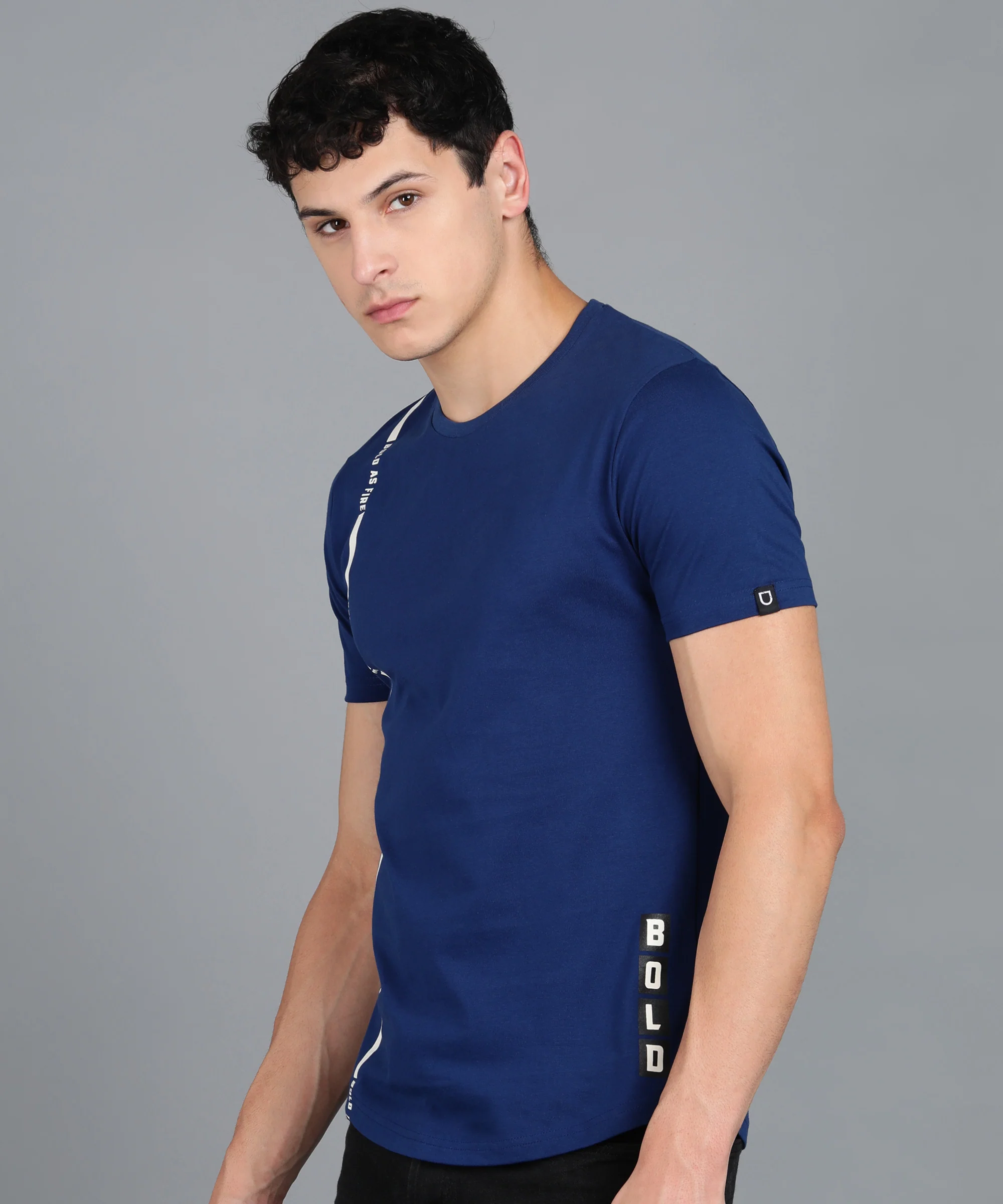 Men's Printed Dark Blue Round Neck Half Sleeve Slim Fit Cotton T-Shirt - Image 2