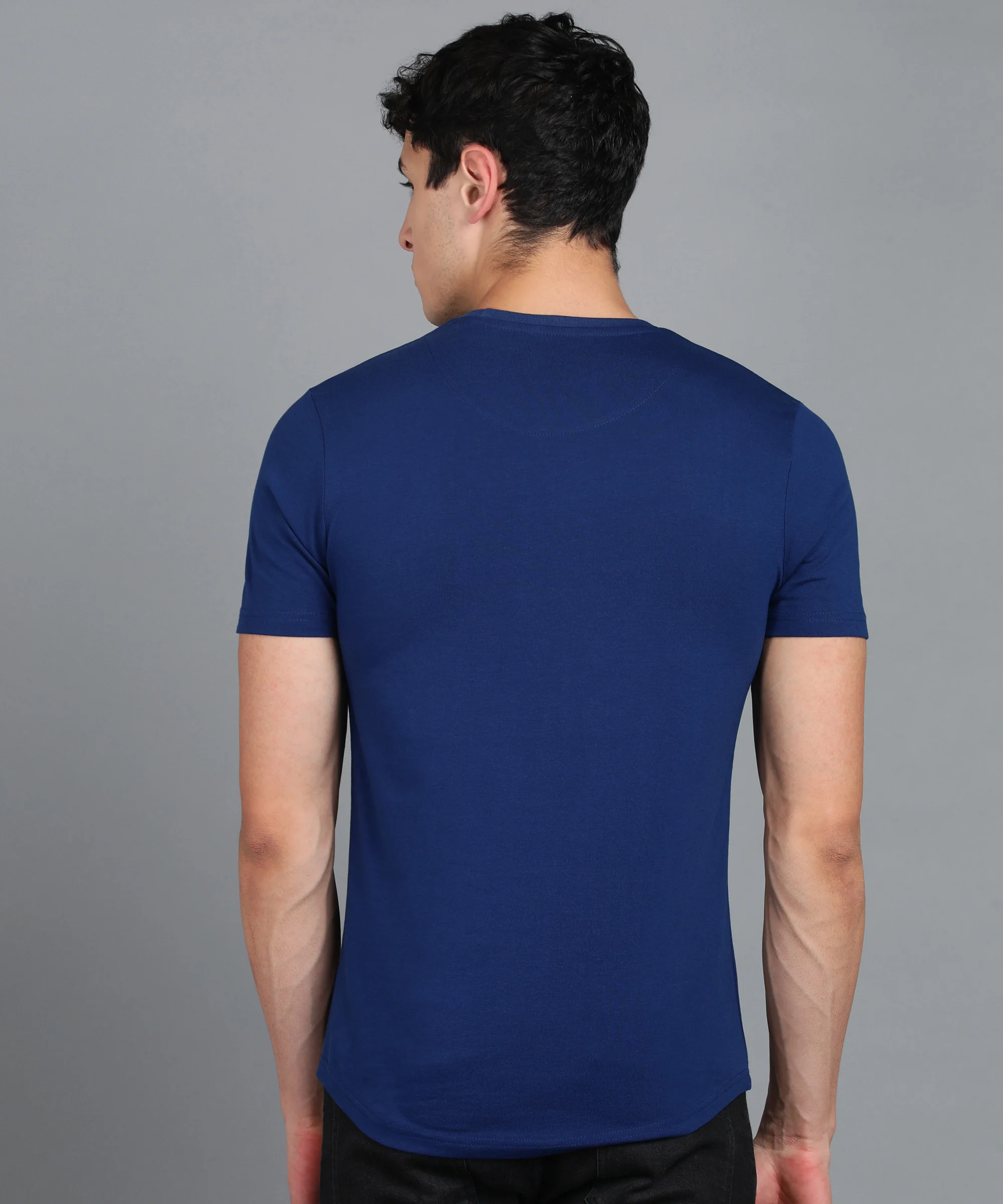Men's Printed Dark Blue Round Neck Half Sleeve Slim Fit Cotton T-Shirt - Image 3