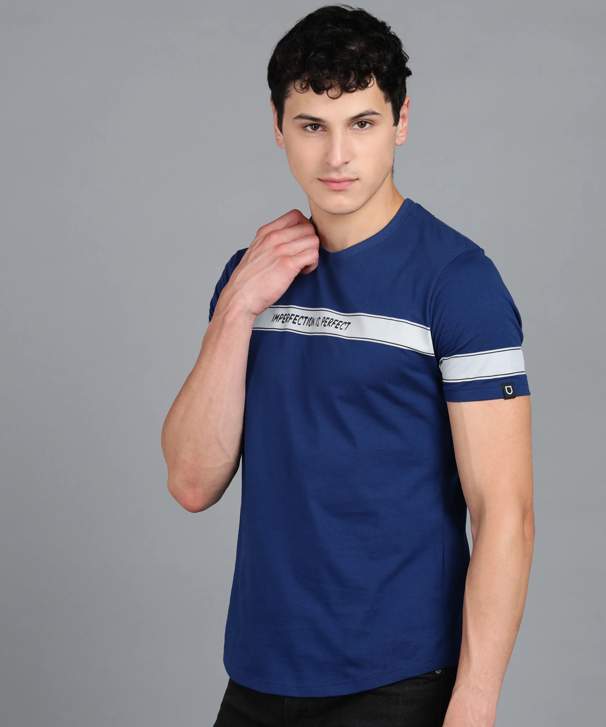 Men's Printed Dark Blue Round Neck Half Sleeve Slim Fit Cotton T-Shirt - Image 2