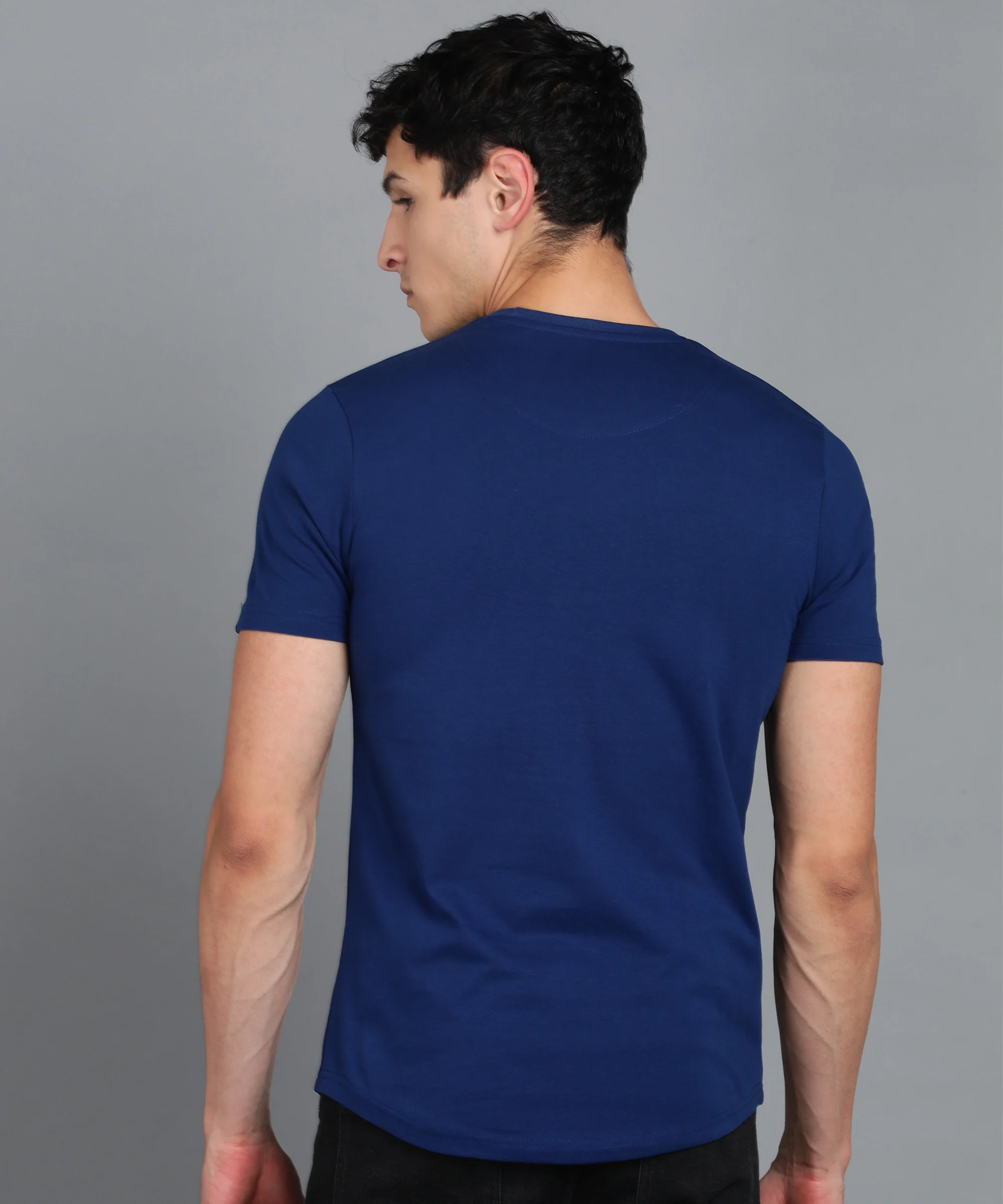 Men's Printed Dark Blue Round Neck Half Sleeve Slim Fit Cotton T-Shirt - Image 3