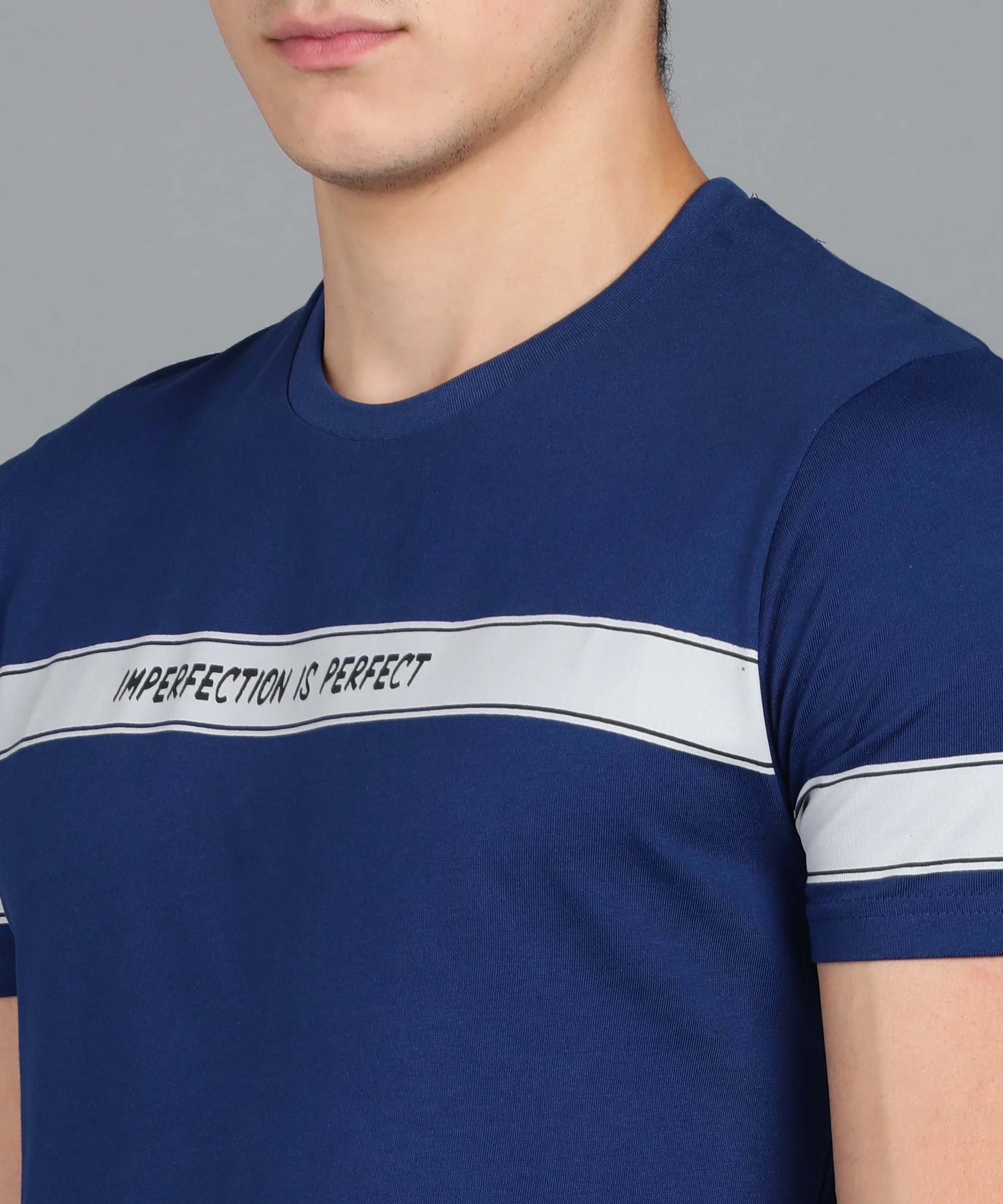 Men's Printed Dark Blue Round Neck Half Sleeve Slim Fit Cotton T-Shirt - Image 4