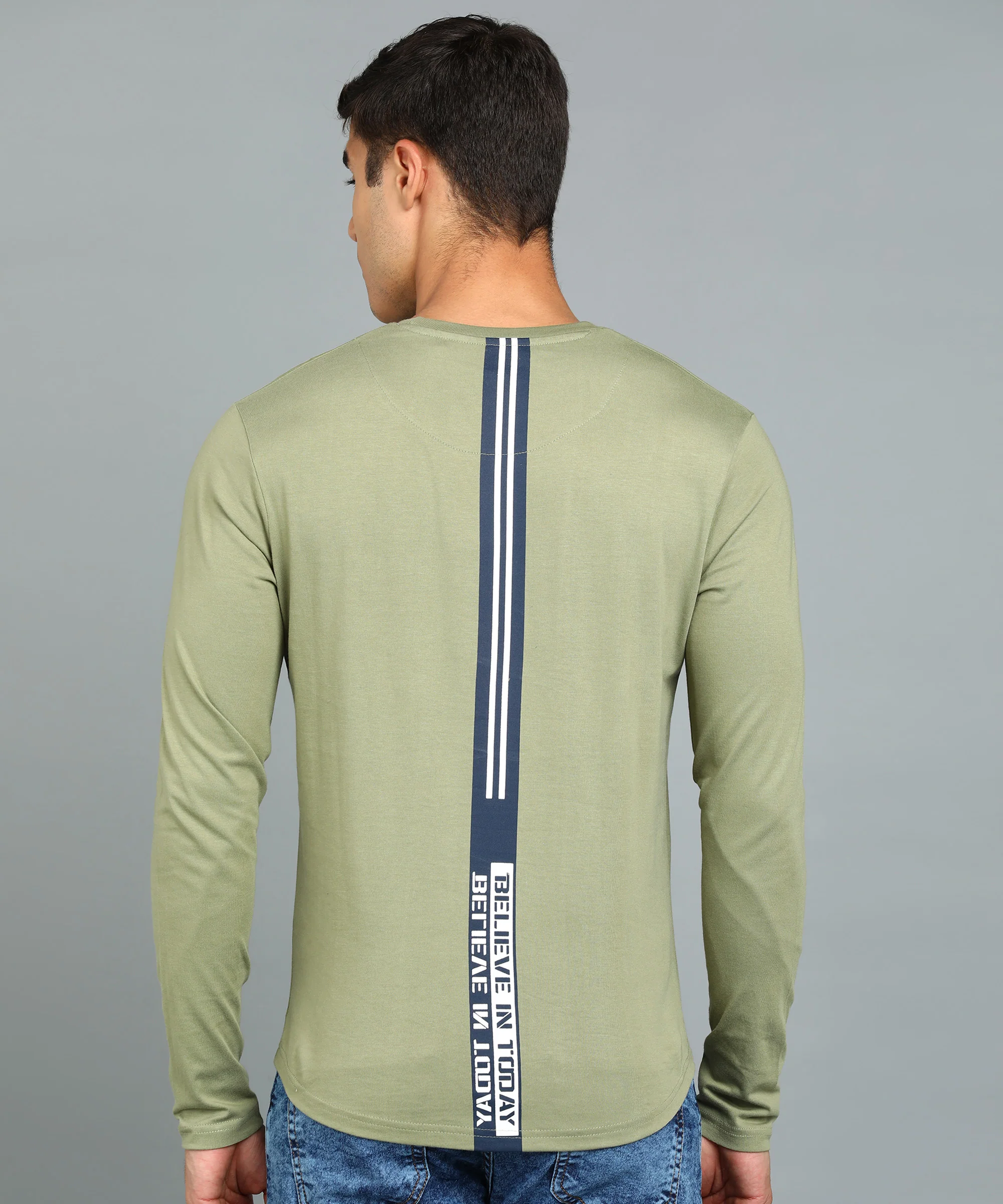 Men's Printed Olive Round Neck Full Sleeve Slim Fit Cotton T-Shirt - Image 3
