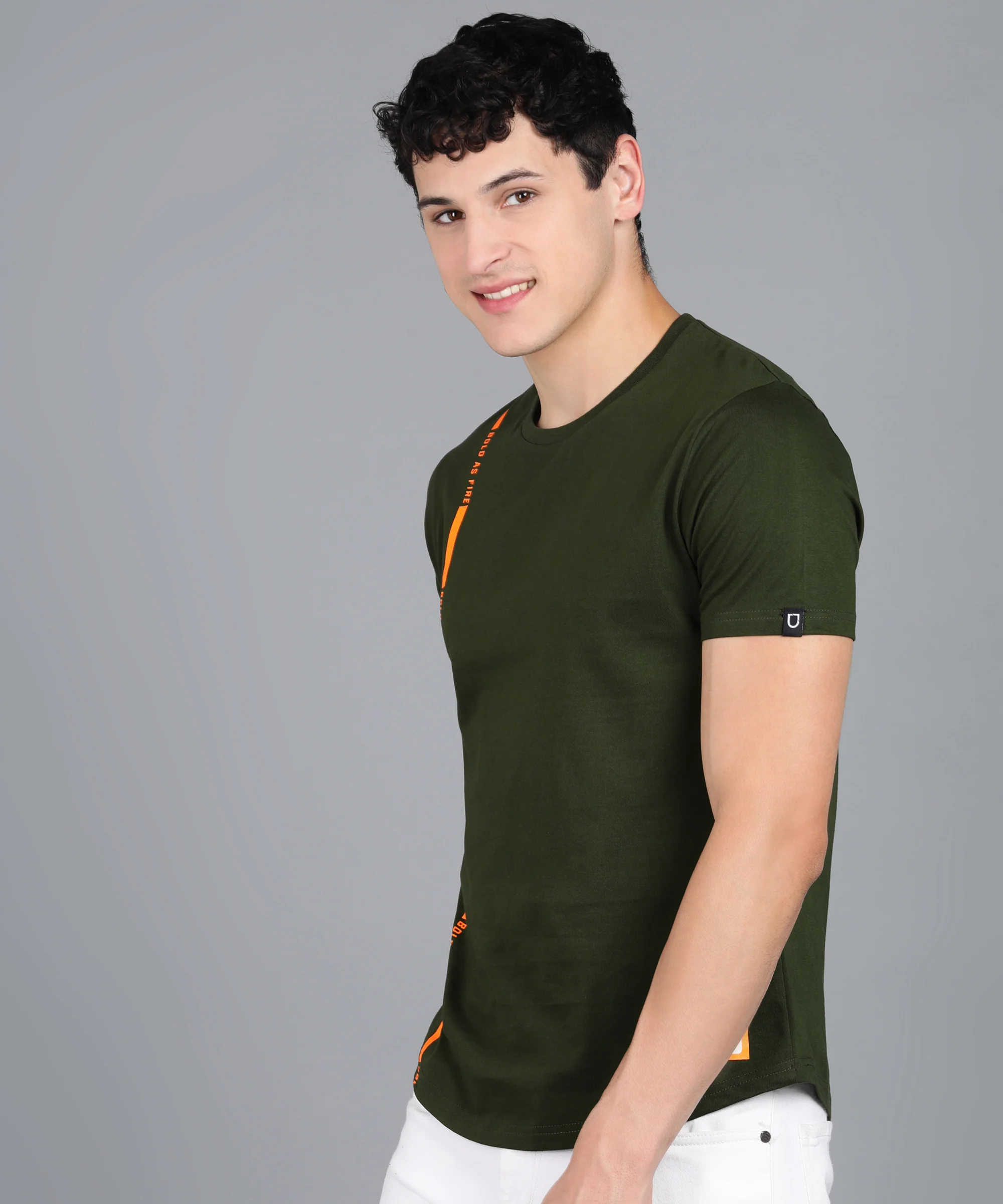Men's Printed Olive Round Neck Half Sleeve Slim Fit Cotton T-Shirt - Image 2