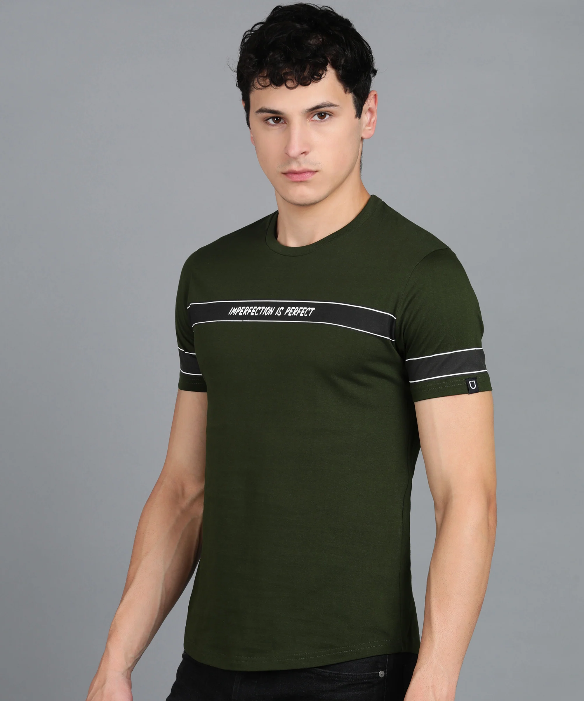 Men's Printed Olive Round Neck Half Sleeve Slim Fit Cotton T-Shirt - Image 2