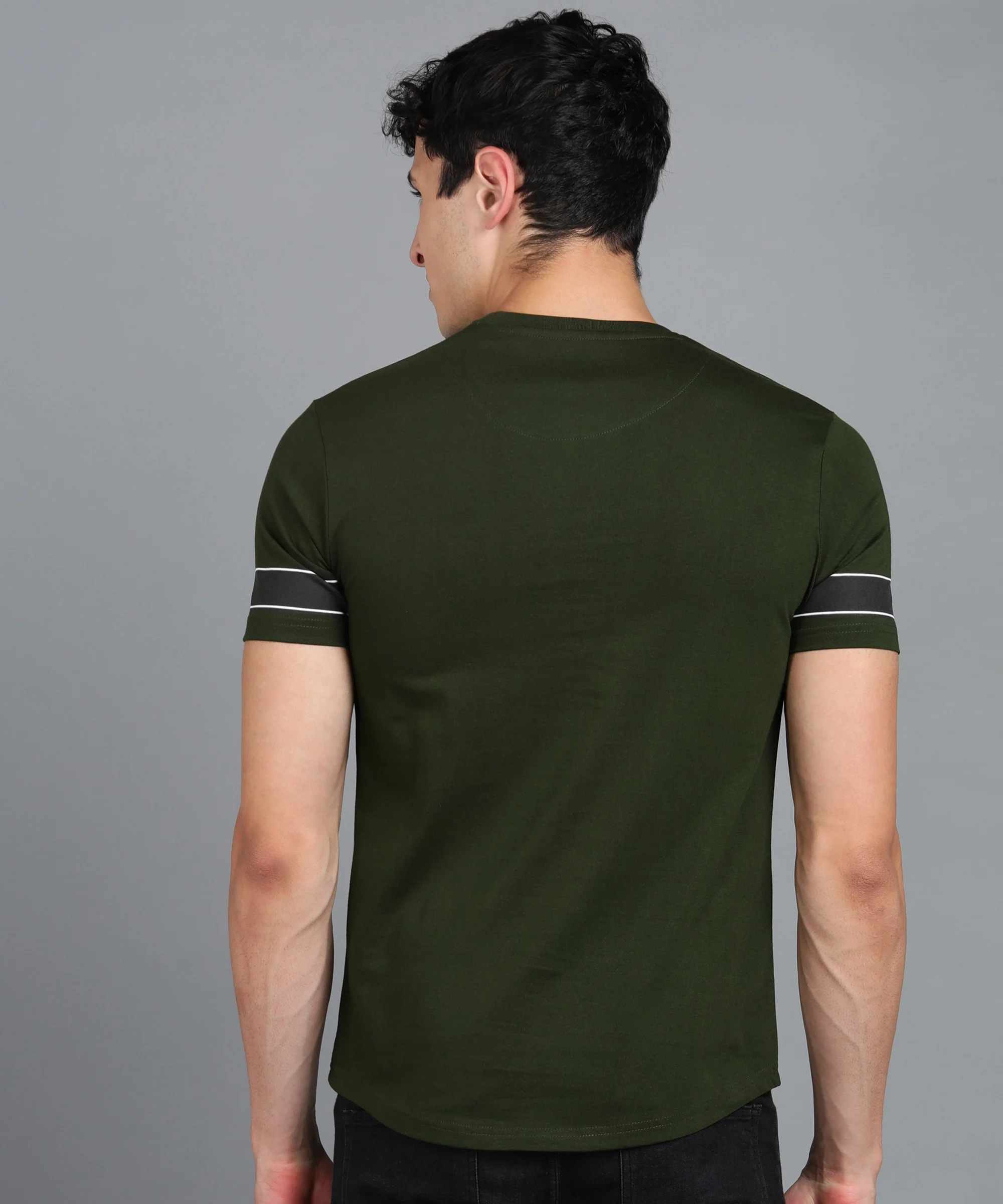 Men's Printed Olive Round Neck Half Sleeve Slim Fit Cotton T-Shirt - Image 3