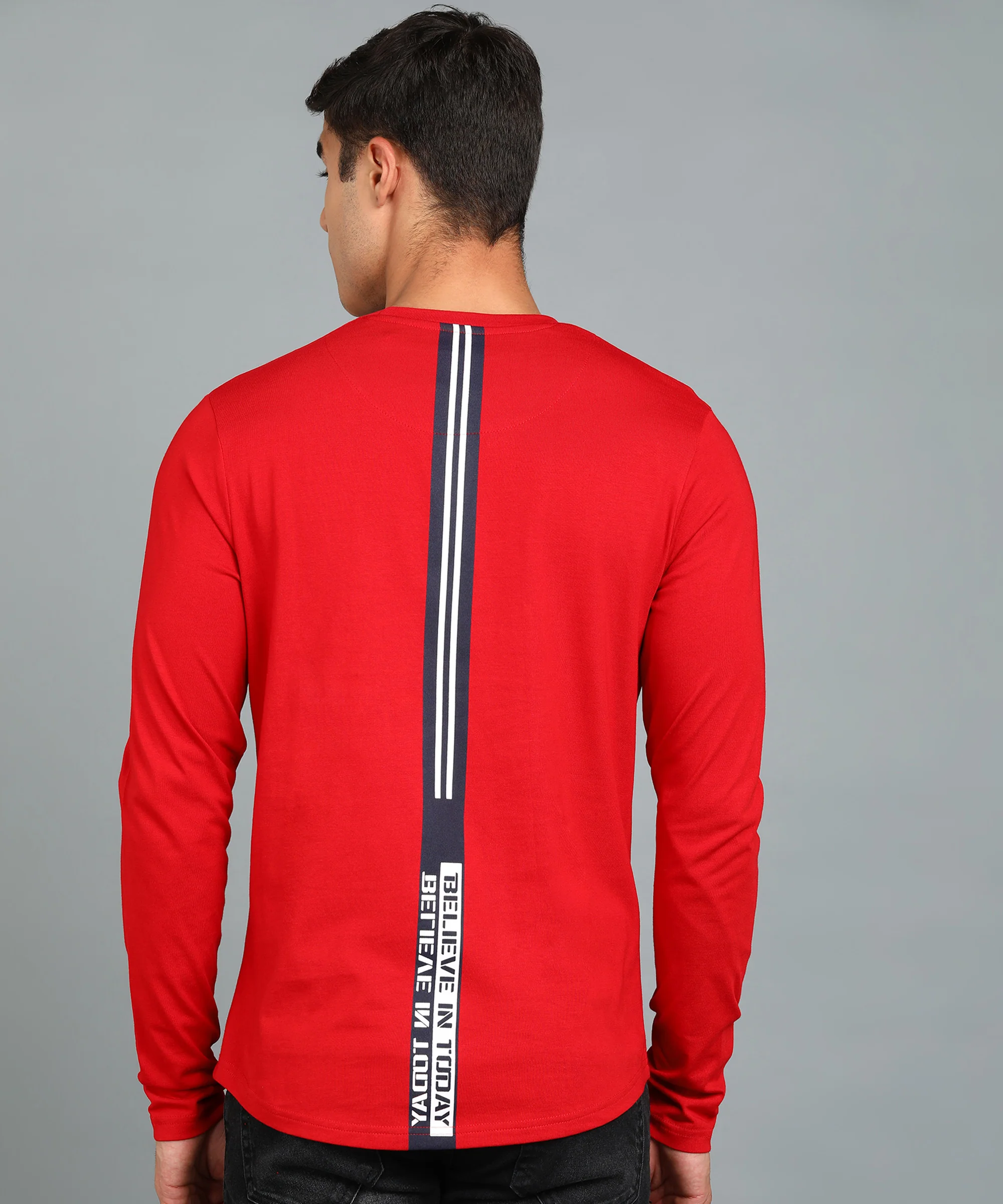 Men's Printed Red Round Neck Full Sleeve Slim Fit Cotton T-Shirt - Image 3