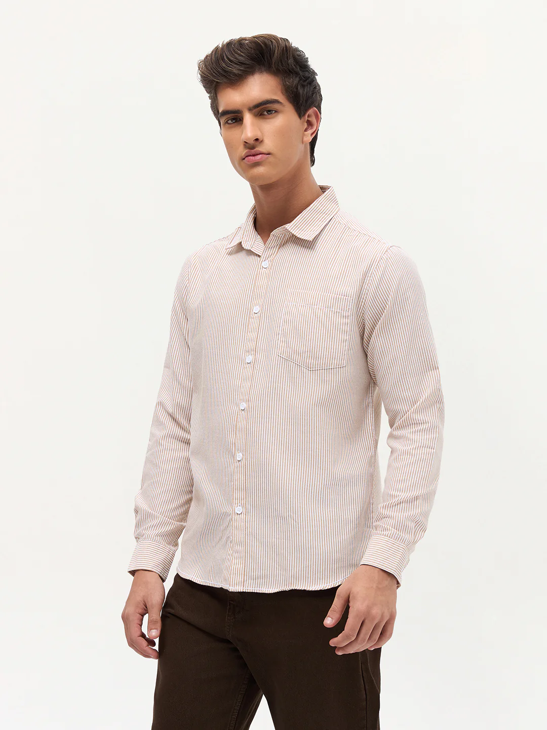 Men's Pumpkin Spice Cotton Full Sleeve Regular Fit Casual Striped Shirt - Image 2