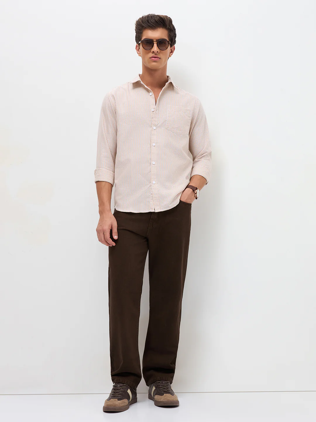 Men's Pumpkin Spice Cotton Full Sleeve Regular Fit Casual Striped Shirt - Image 4