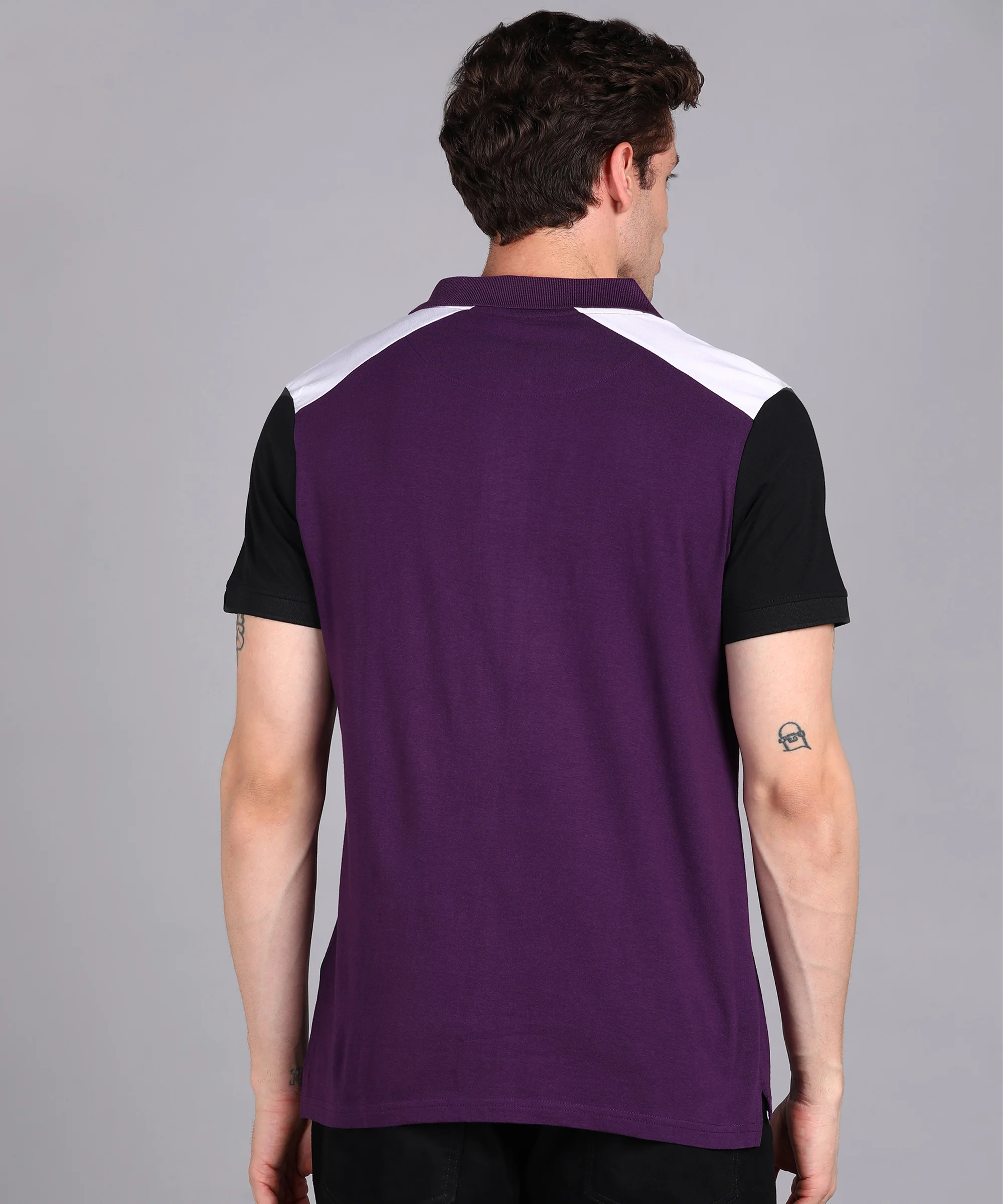 Men's Purple, Black, White Colour-Block Slim Fit Half Sleeve Cotton Polo T-Shirt - Image 3