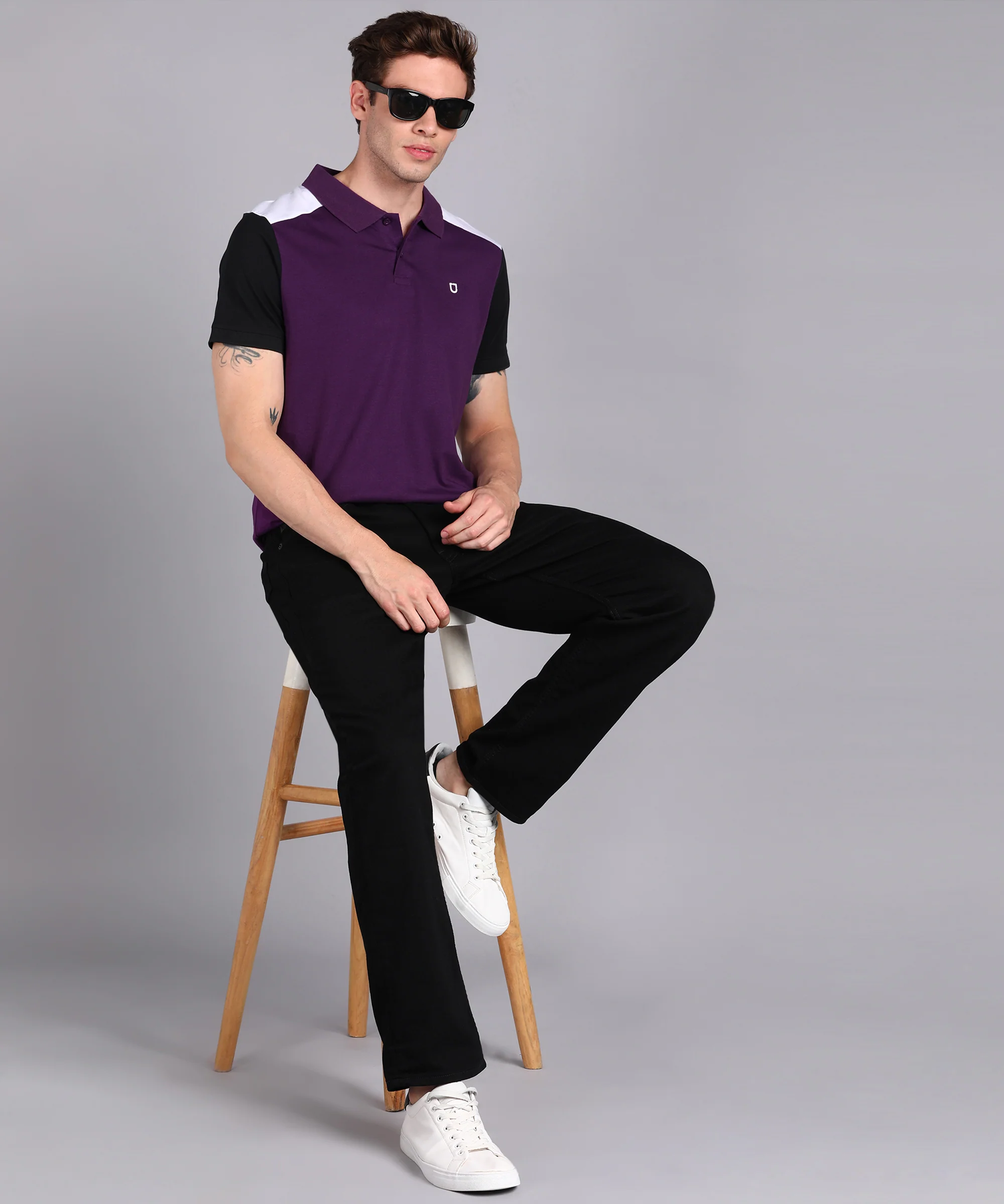 Men's Purple, Black, White Colour-Block Slim Fit Half Sleeve Cotton Polo T-Shirt - Image 4