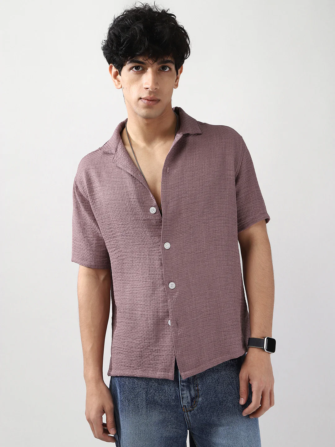 Men's Purple Cotton Half Sleeve Oversized Fit Textured Shirt with Cuban Collar - Image 2