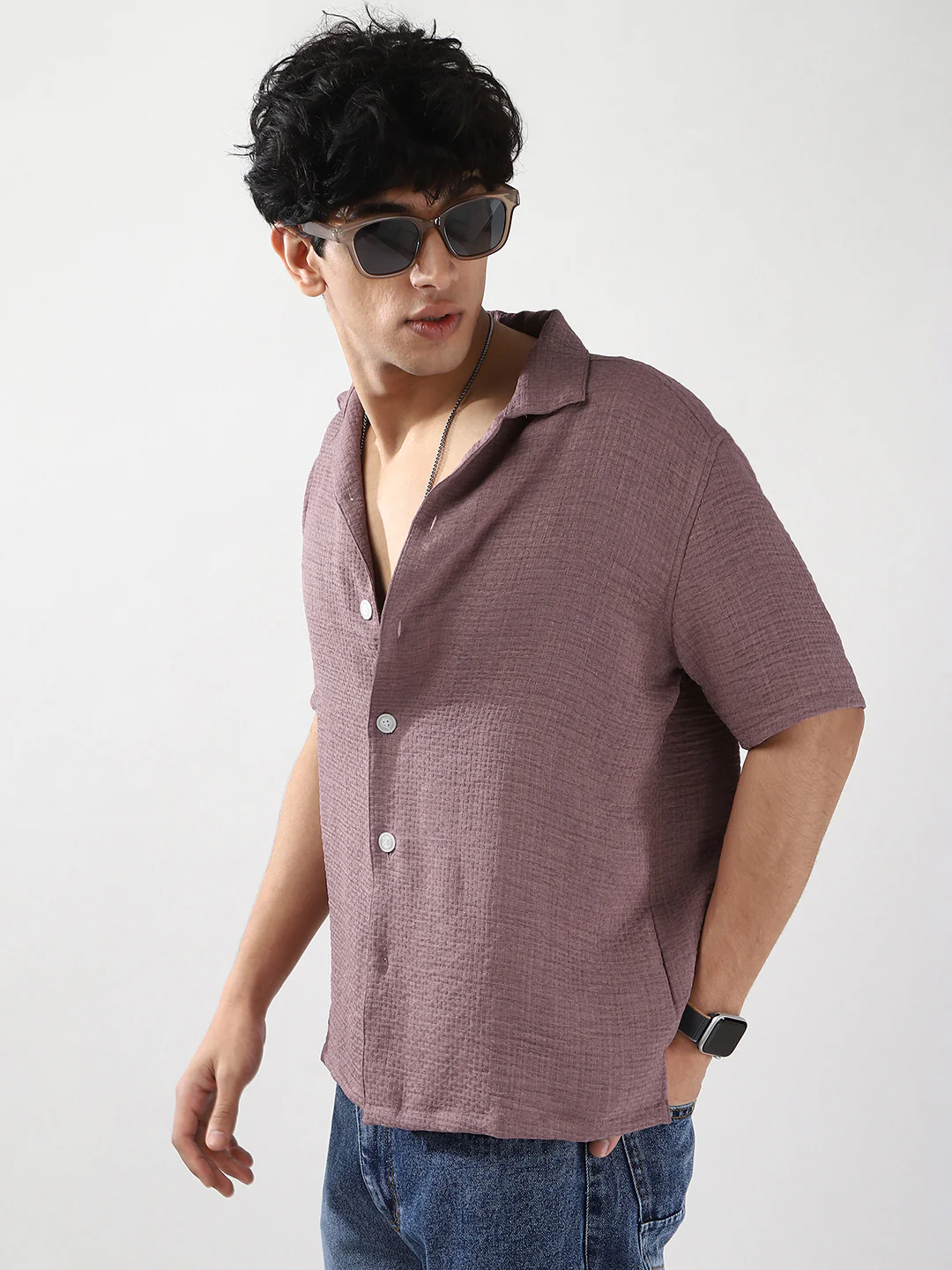 Men's Purple Cotton Half Sleeve Oversized Fit Textured Shirt with Cuban Collar - Image 3