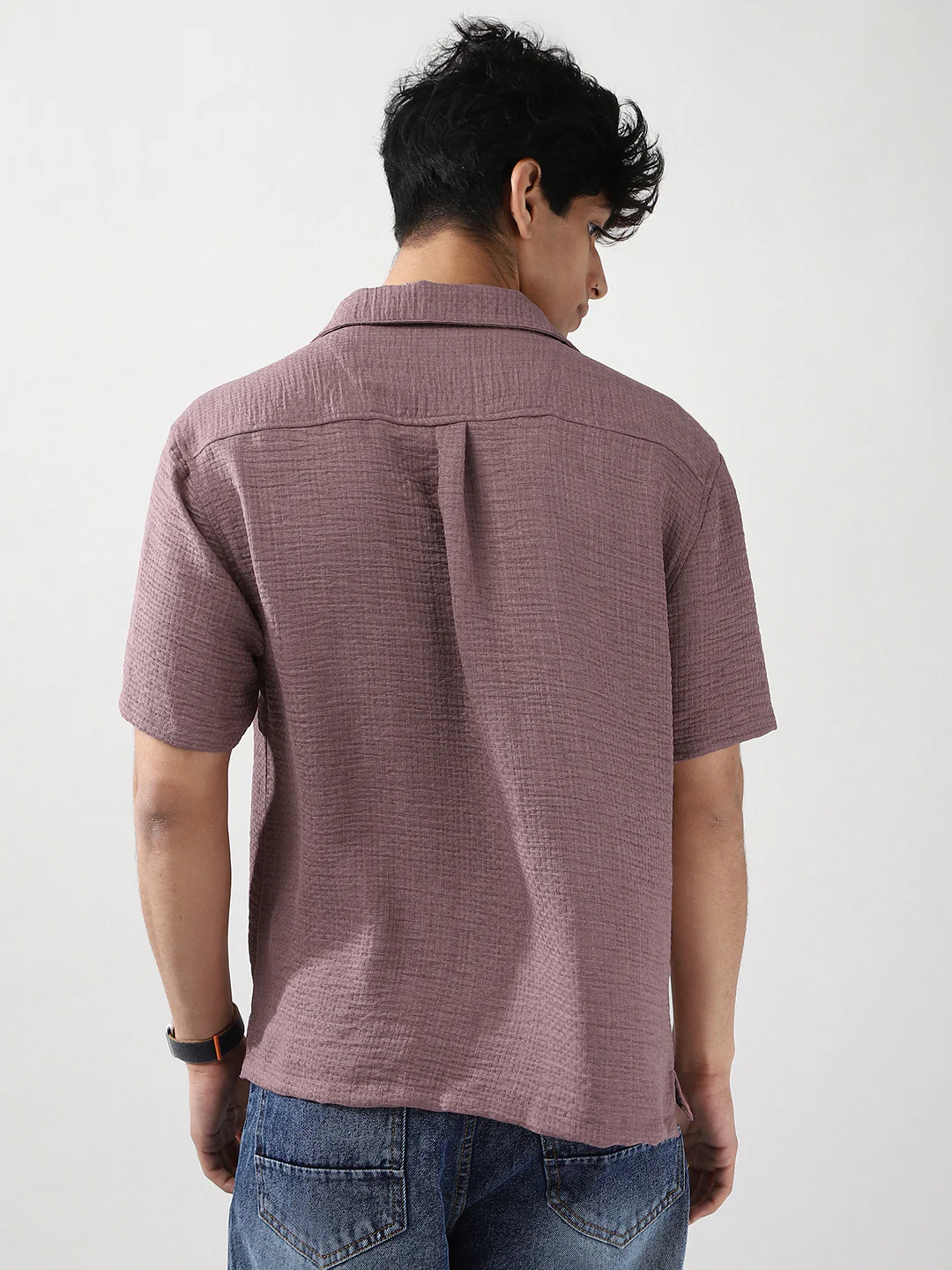 Men's Purple Cotton Half Sleeve Oversized Fit Textured Shirt with Cuban Collar - Image 4