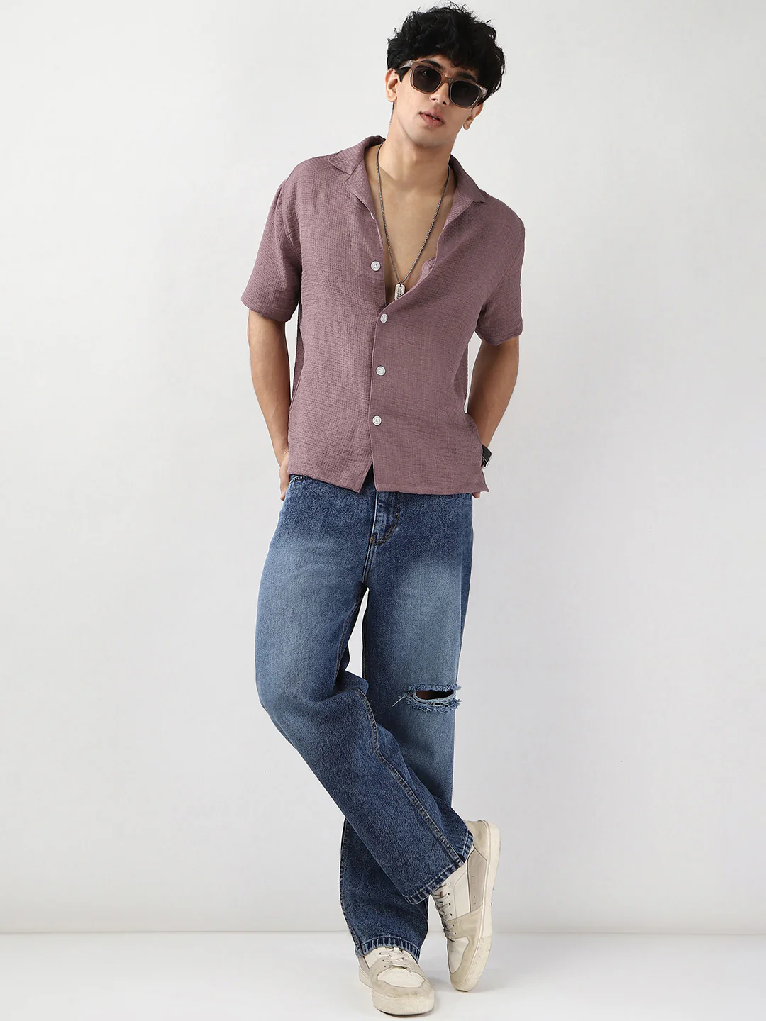 Men's Purple Cotton Half Sleeve Oversized Fit Textured Shirt with Cuban Collar - Image 5
