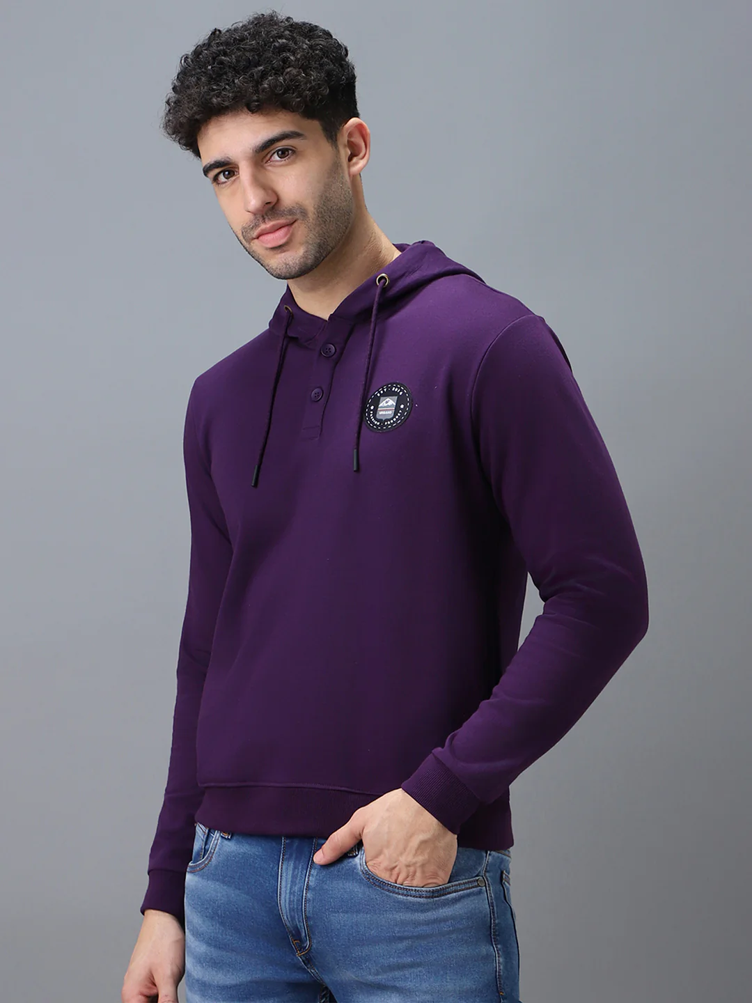 Men's Purple Cotton Solid Button Hooded Neck Sweatshirt - Image 2