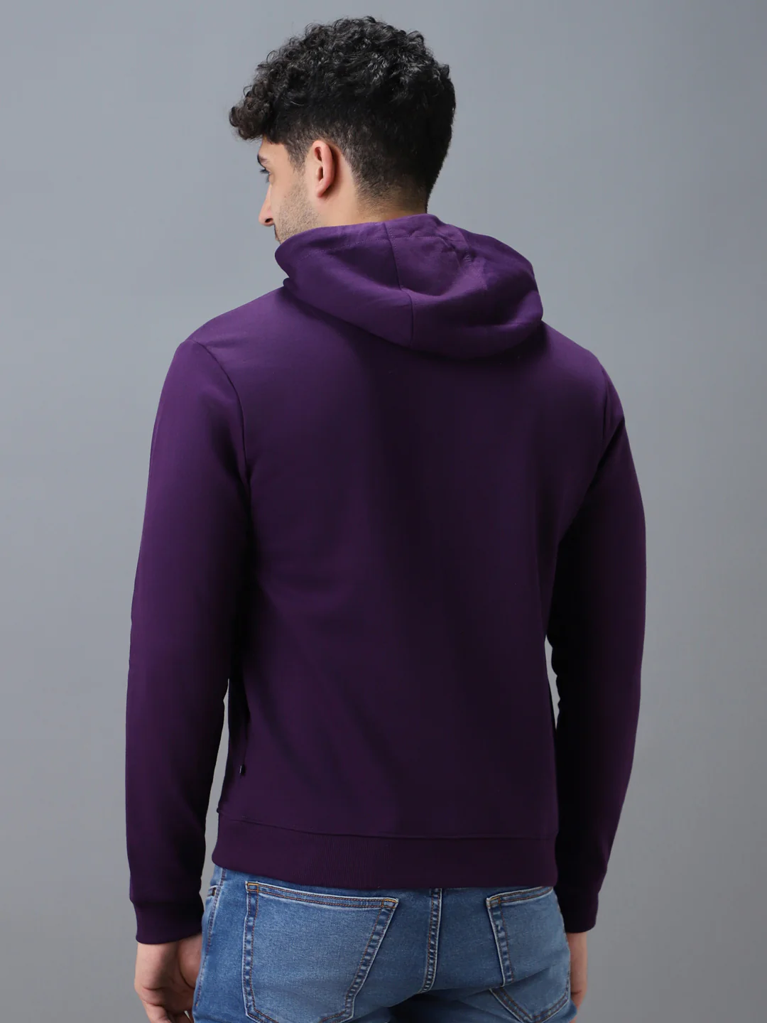 Men's Purple Cotton Solid Button Hooded Neck Sweatshirt - Image 3