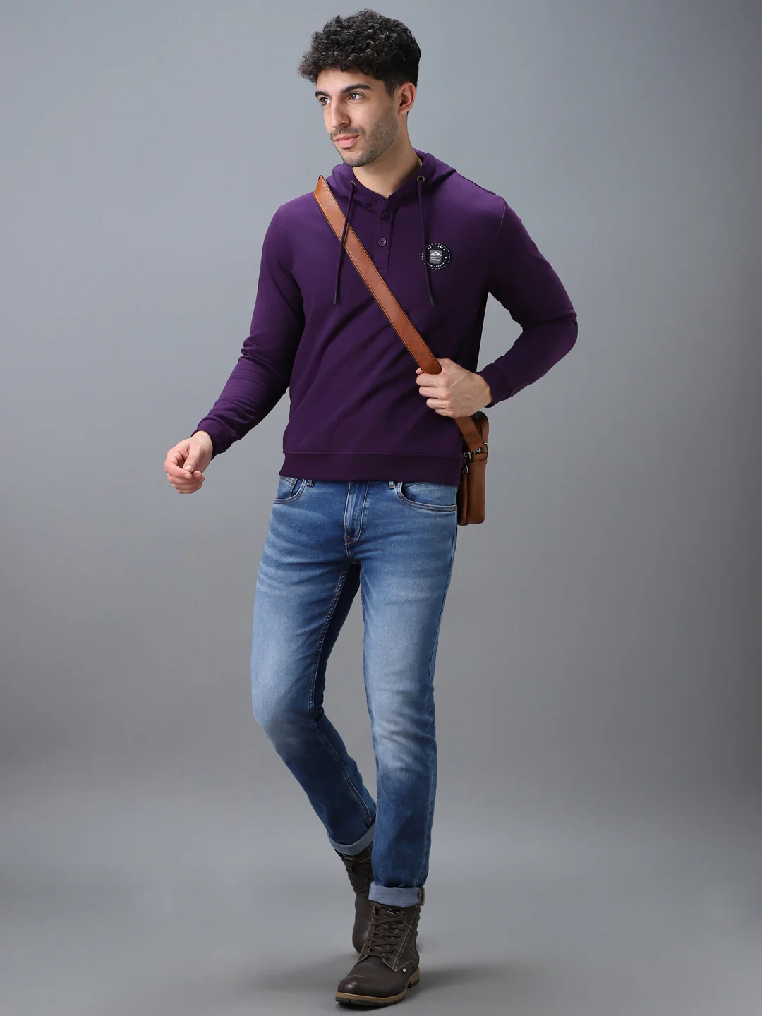 Men's Purple Cotton Solid Button Hooded Neck Sweatshirt - Image 4