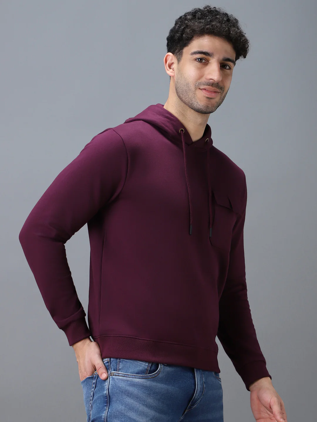 Men's Purple Cotton Solid Hooded Neck Sweatshirt - Image 2