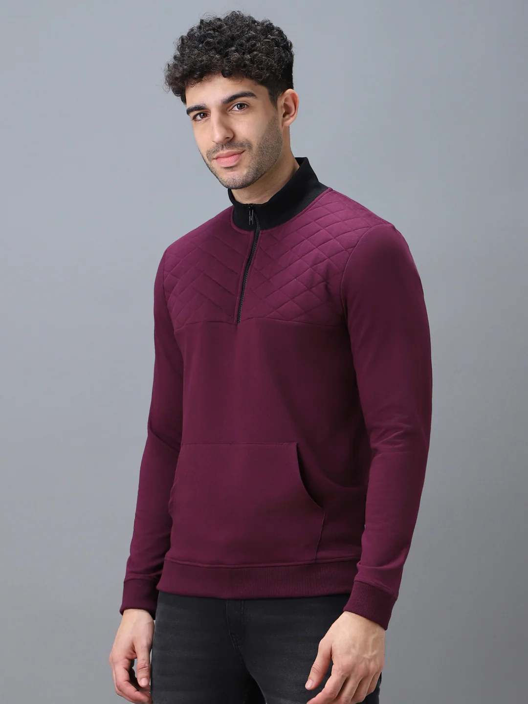 Men's Purple Cotton Solid Zippered High Neck Sweatshirt - Image 2