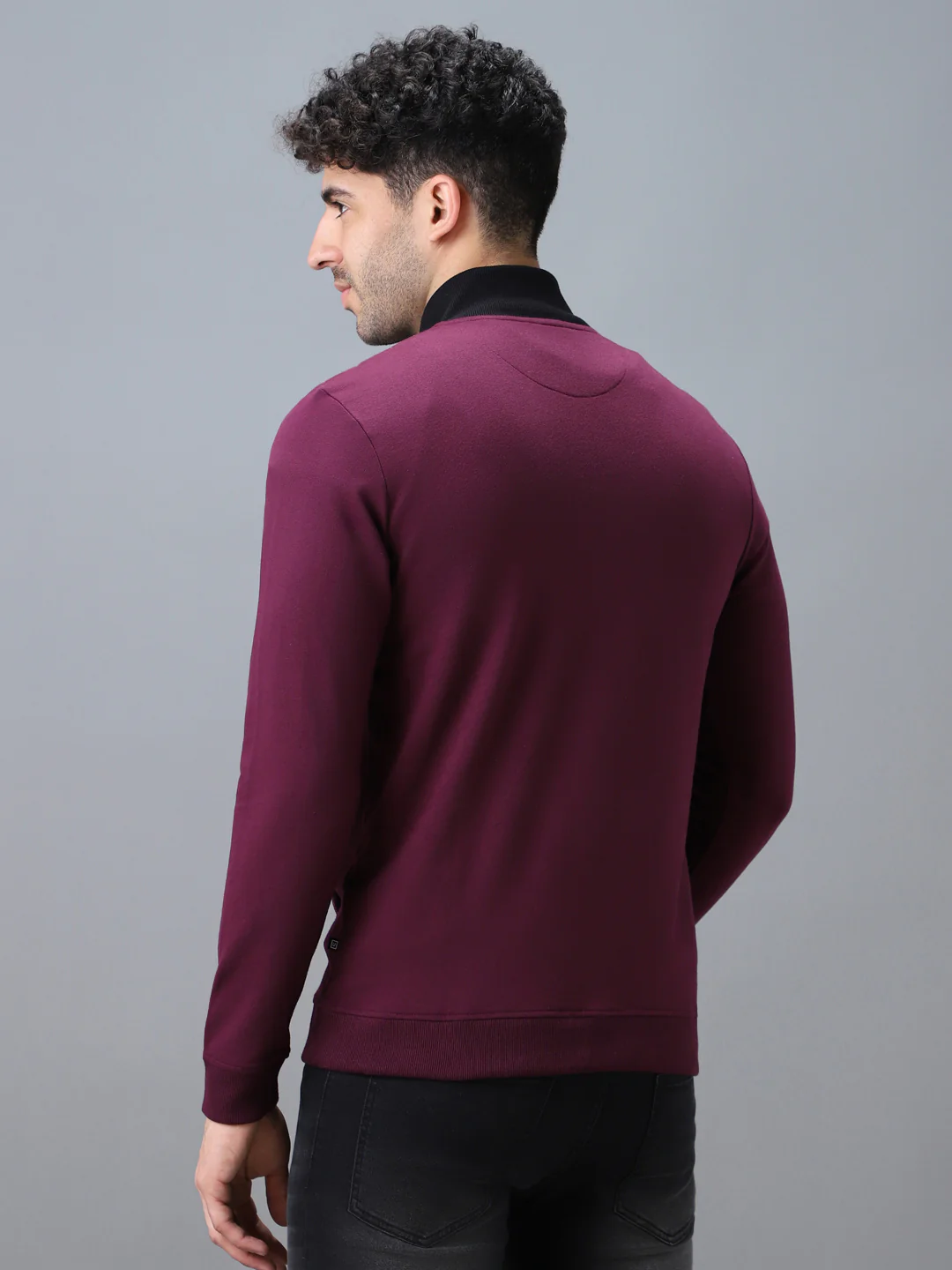 Men's Purple Cotton Solid Zippered High Neck Sweatshirt - Image 3