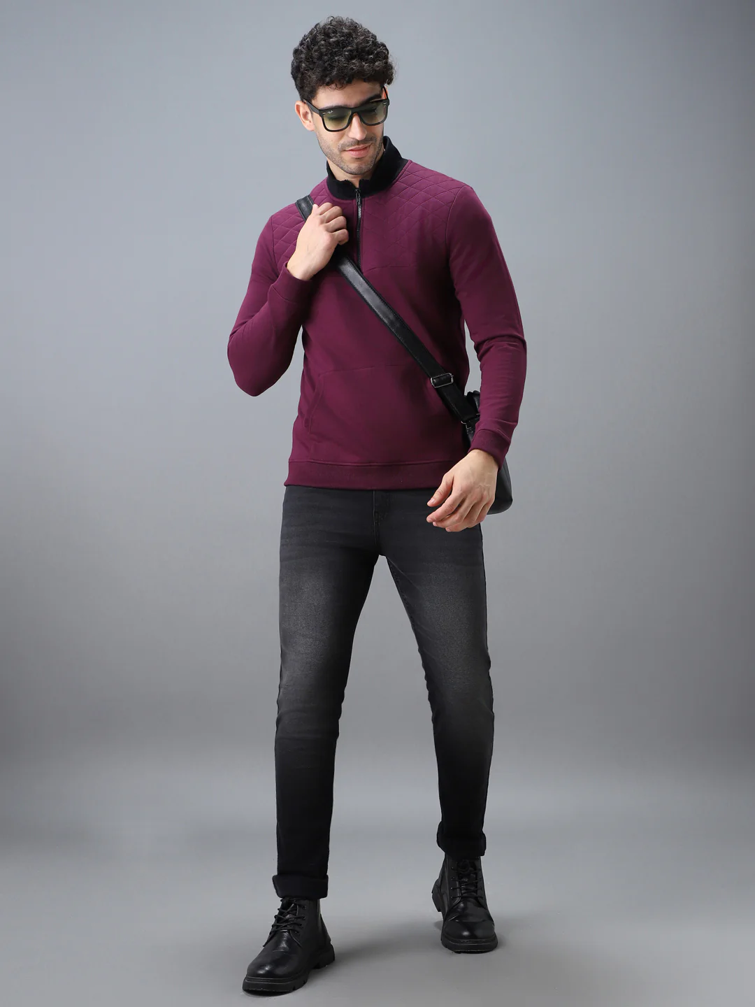 Men's Purple Cotton Solid Zippered High Neck Sweatshirt - Image 4
