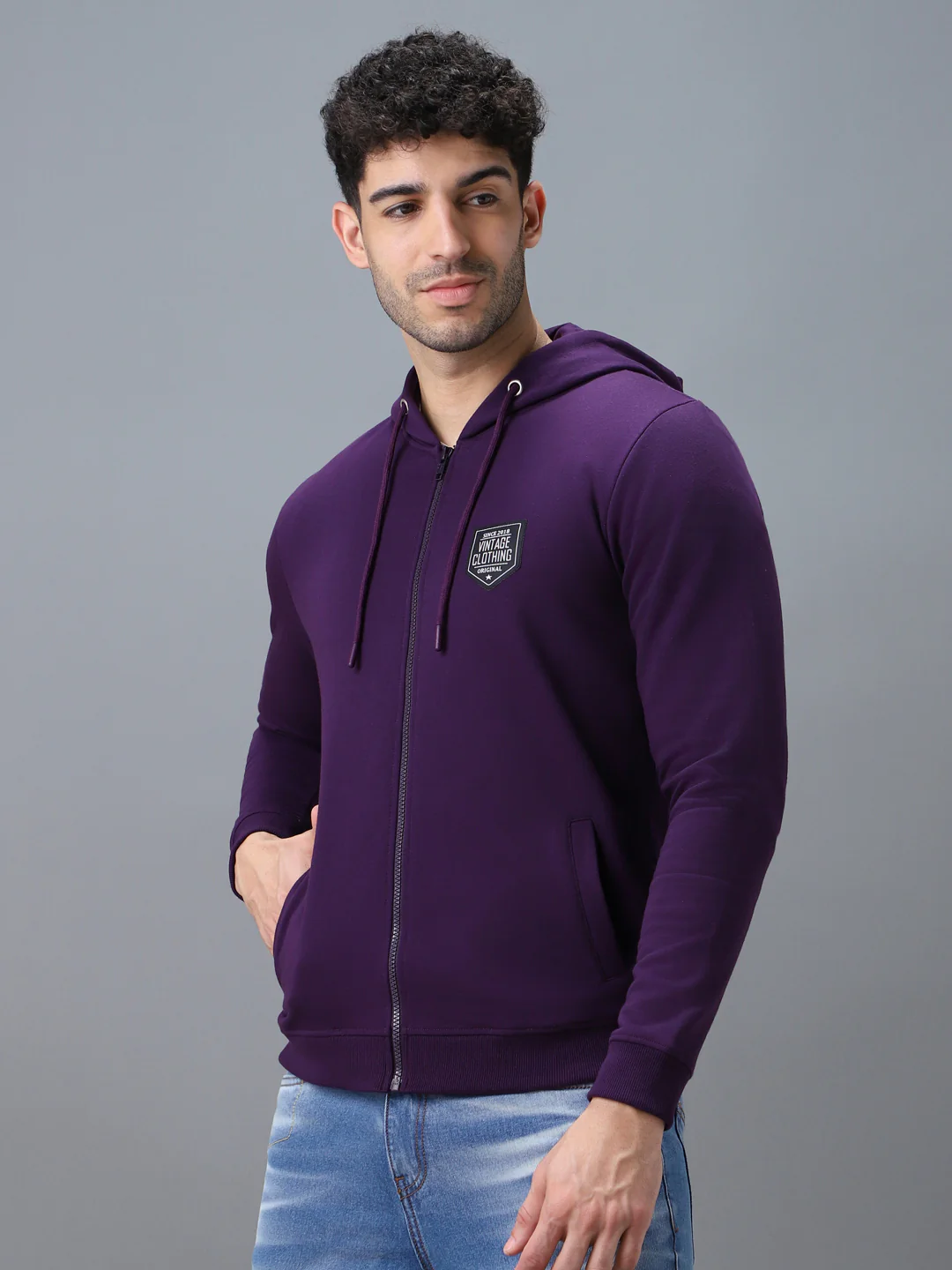 Men's Purple Cotton Solid Zippered Hooded Neck Sweatshirt - Image 2
