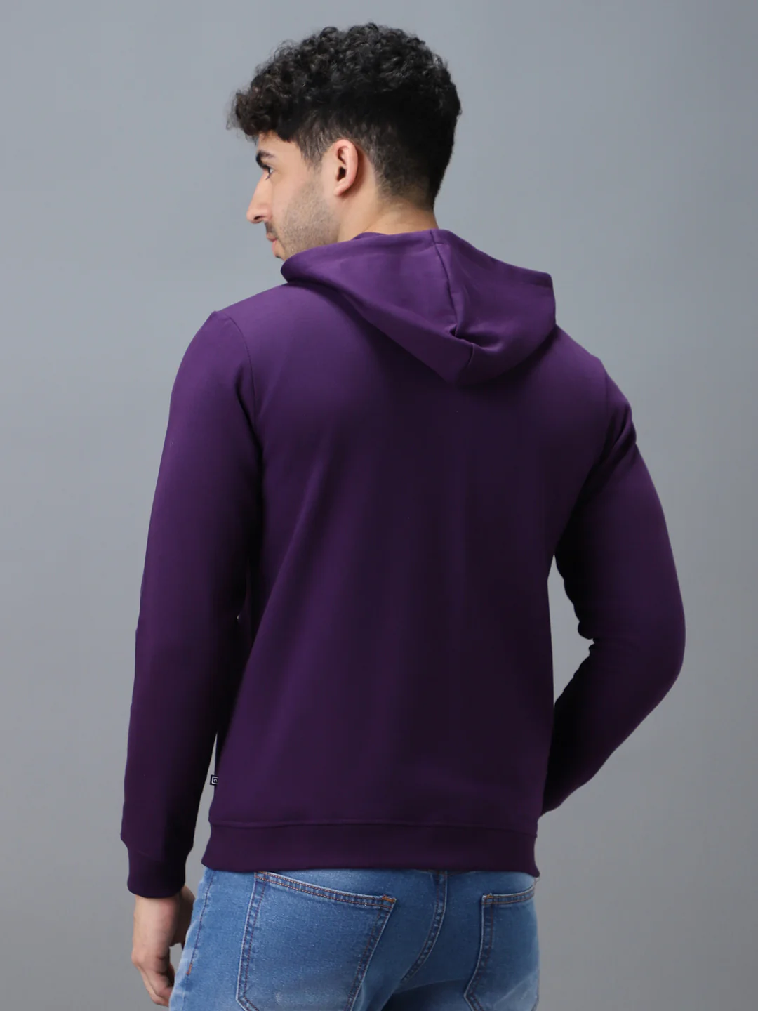 Men's Purple Cotton Solid Zippered Hooded Neck Sweatshirt - Image 3