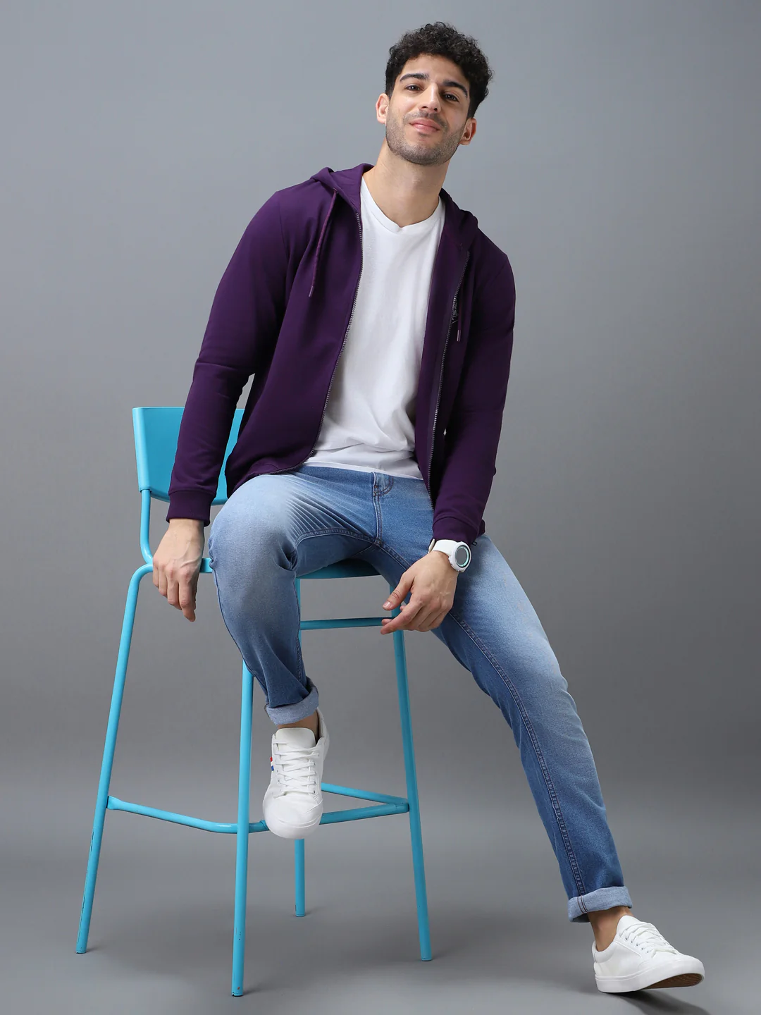Men's Purple Cotton Solid Zippered Hooded Neck Sweatshirt - Image 4