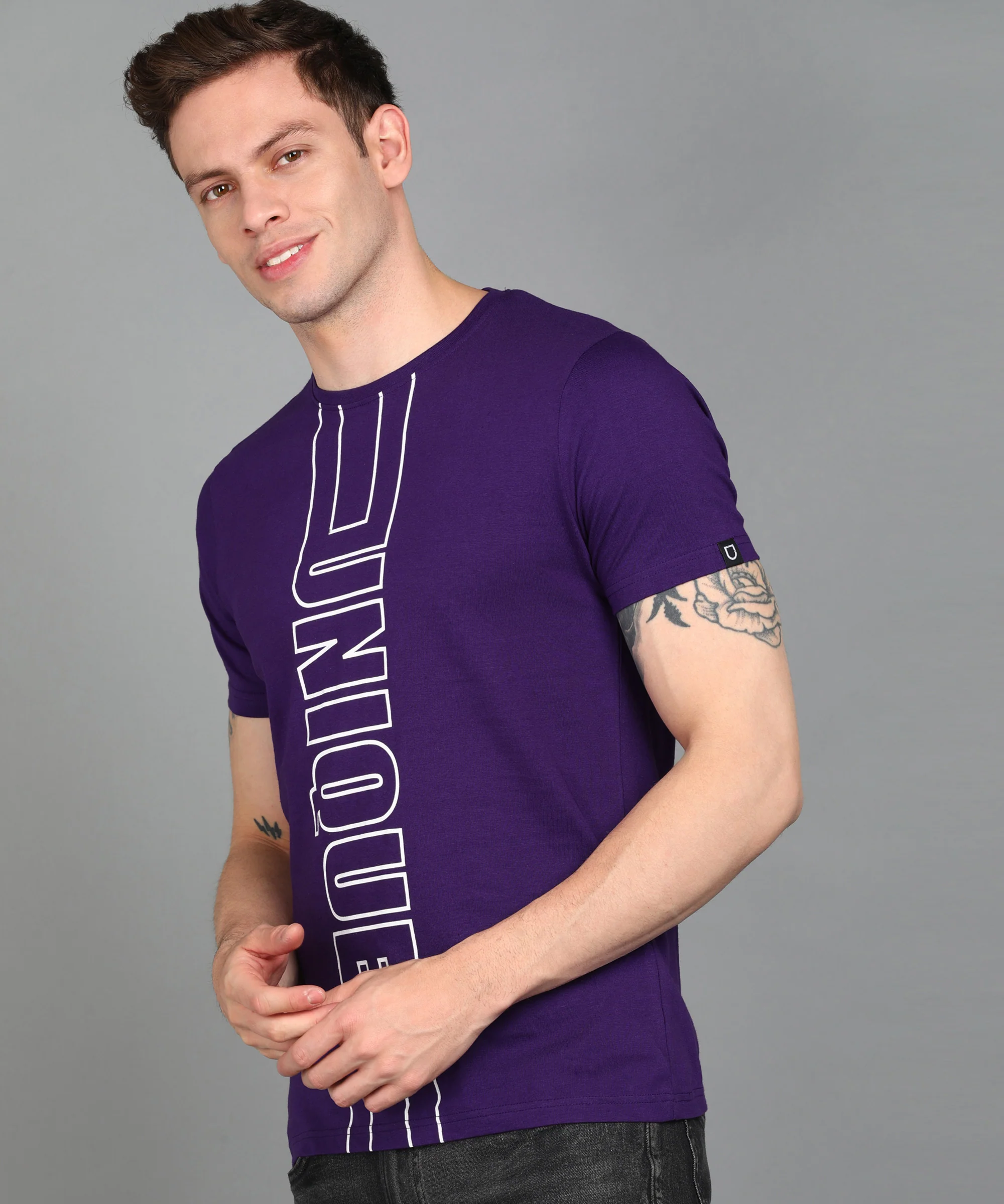 Urbano Fashion Men's Purple Graphic Printed Round Neck Half Sleeve Slim Fit Cotton T-Shirt - Image 2