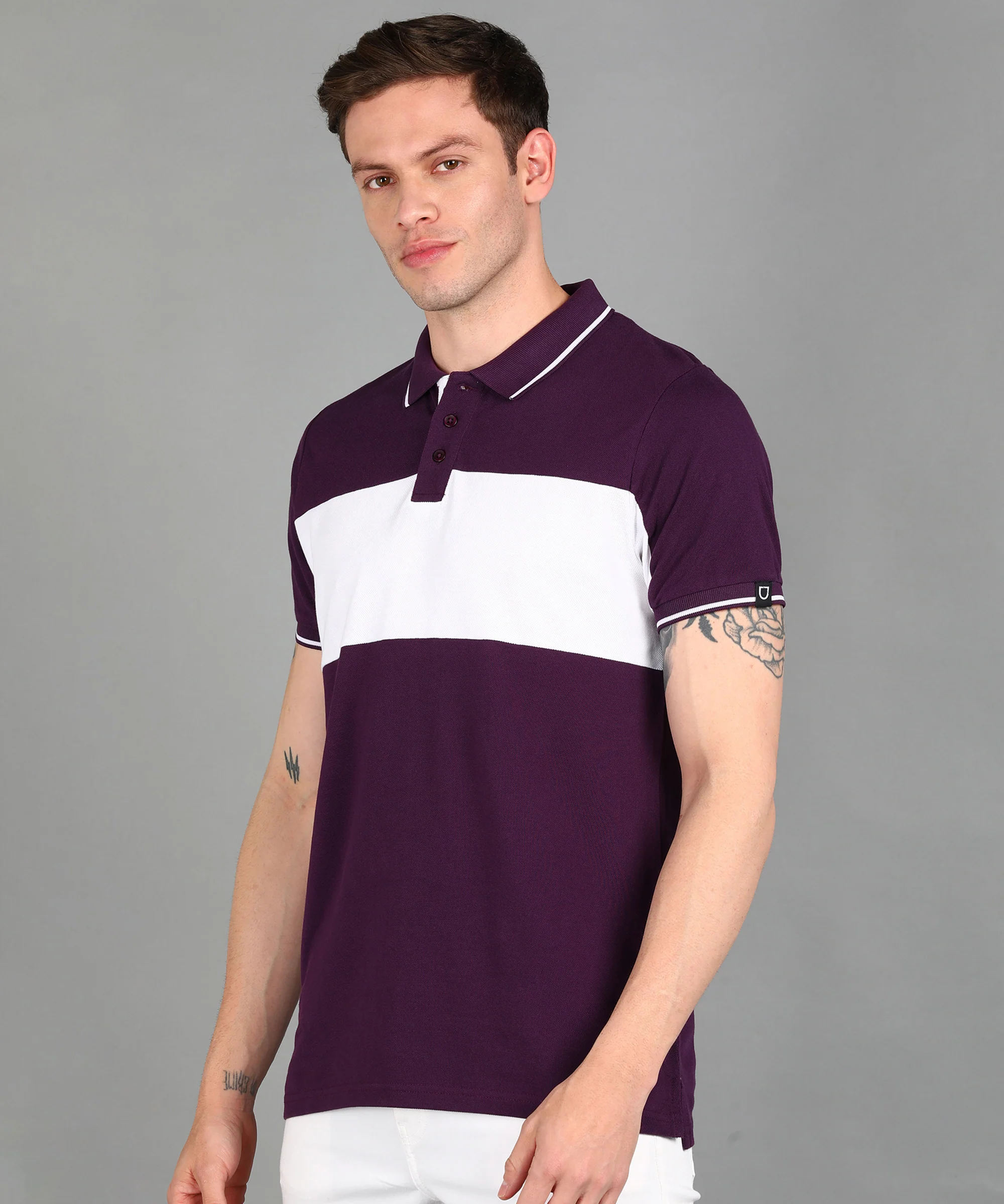 Men's Purple, Grey Melange Colour-Block Slim Fit Half Sleeve Cotton Polo T-Shirt - Image 2