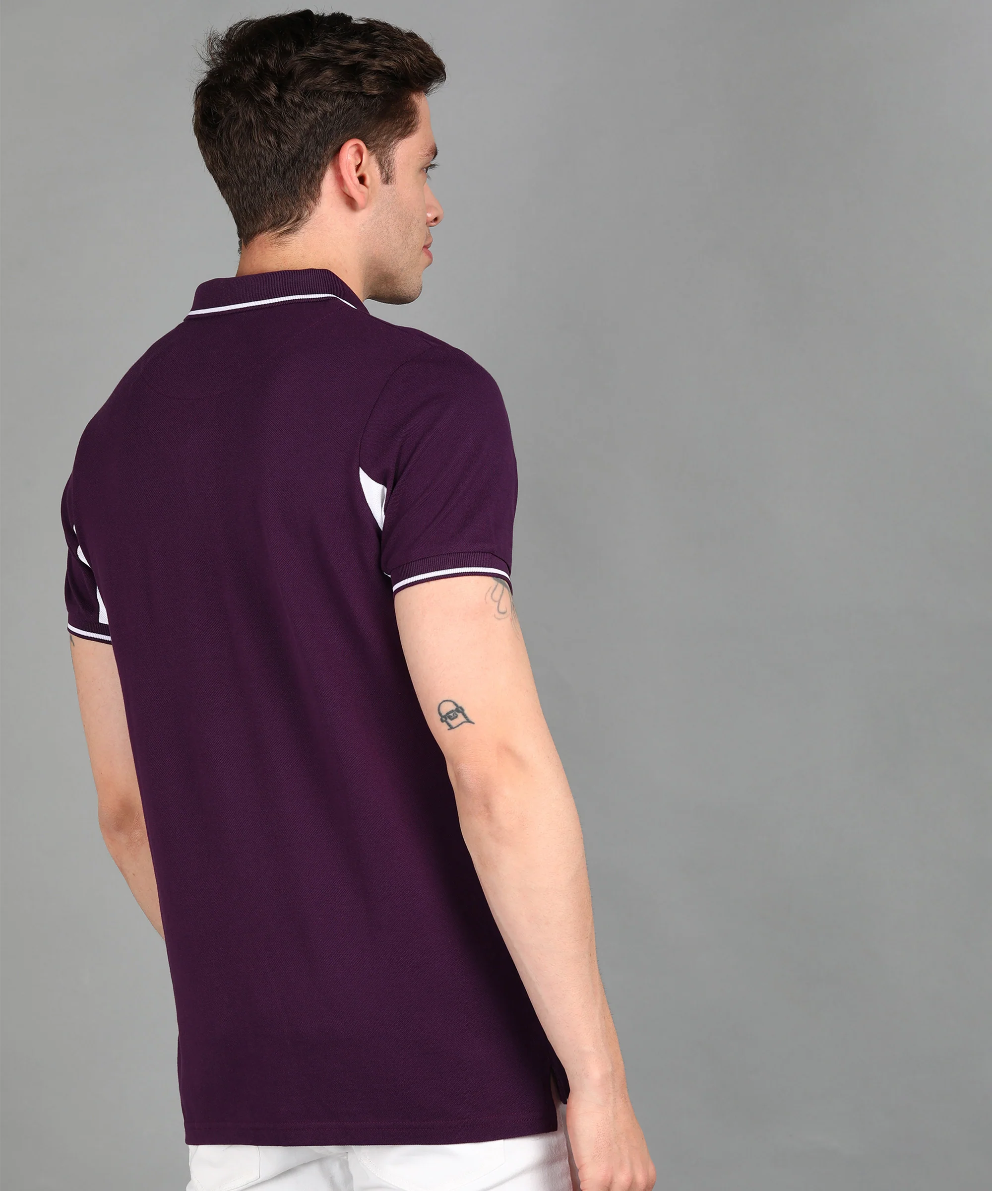 Men's Purple, Grey Melange Colour-Block Slim Fit Half Sleeve Cotton Polo T-Shirt - Image 3