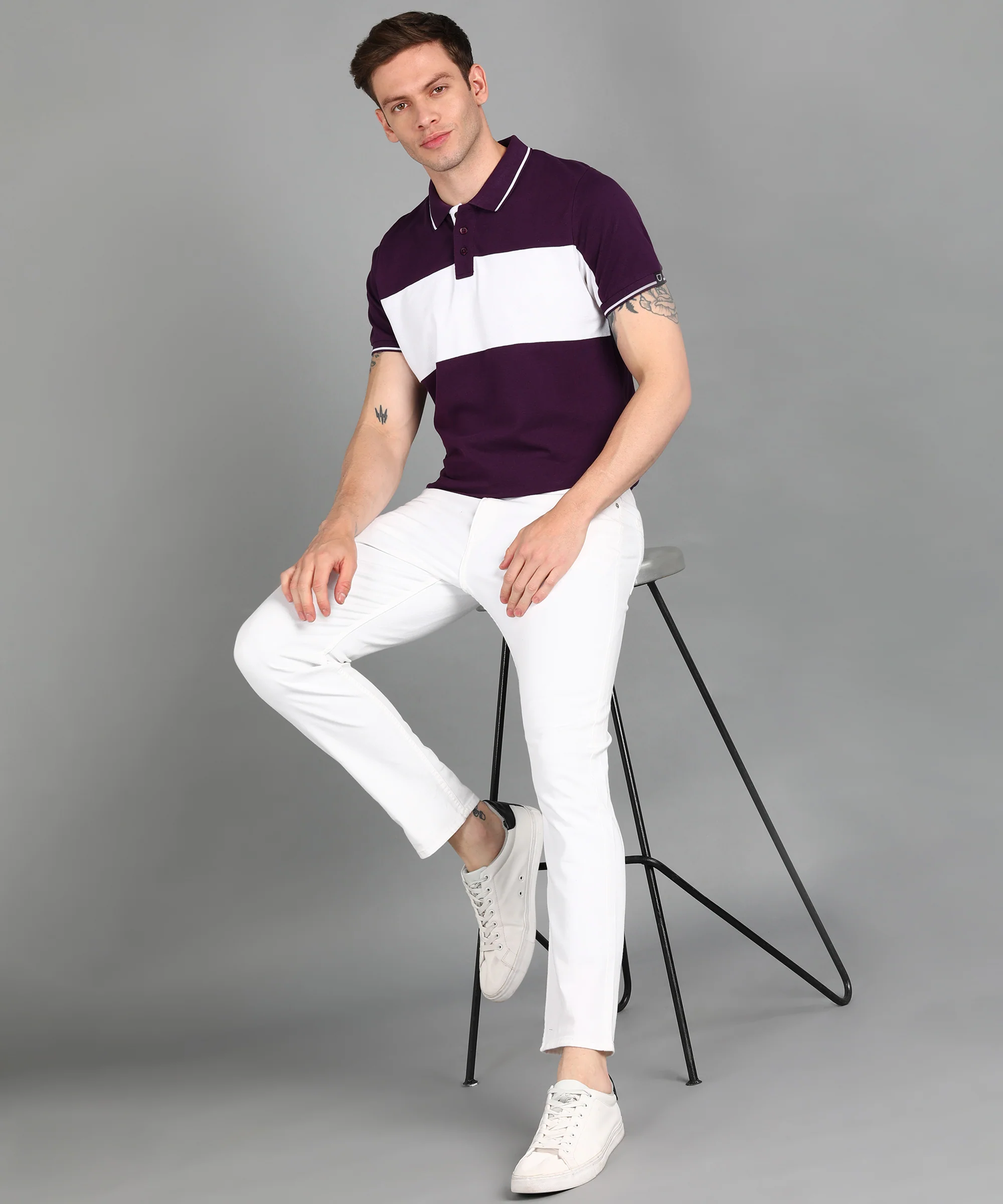 Men's Purple, Grey Melange Colour-Block Slim Fit Half Sleeve Cotton Polo T-Shirt - Image 4