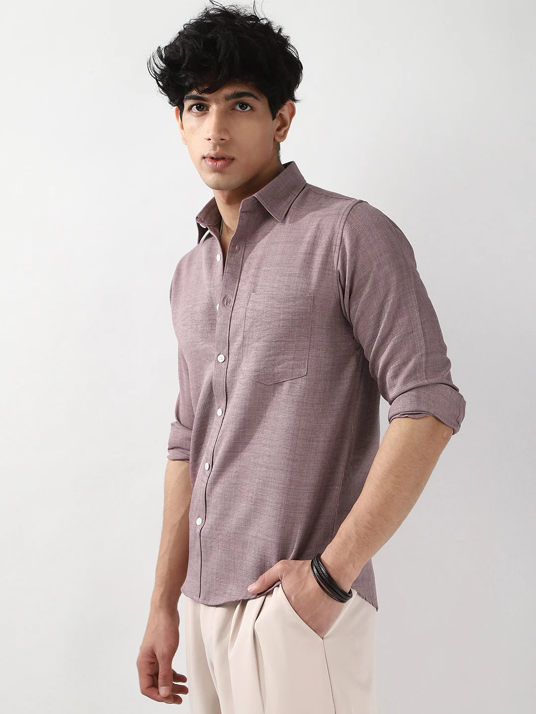Men's Purple Linen Blend Full Sleeve Relaxed Fit Casual Solid Shirt - Image 3