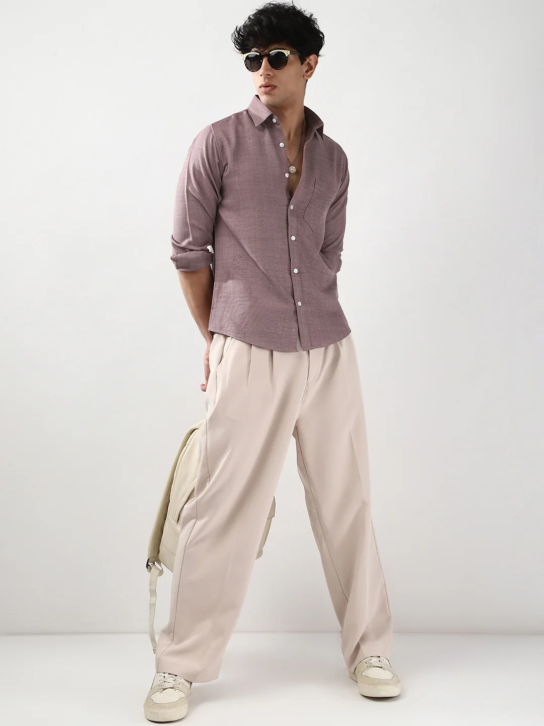 Men's Purple Linen Blend Full Sleeve Relaxed Fit Casual Solid Shirt - Image 5