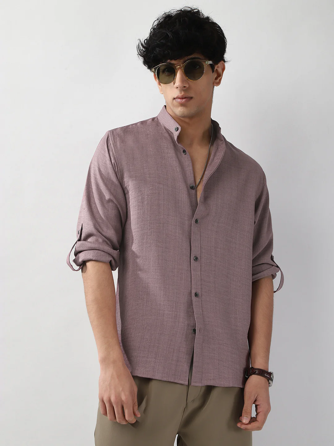 Men's Purple Linen Blend Full Sleeve Relaxed Fit Mandarin Collar Casual Solid Shirt - Image 2