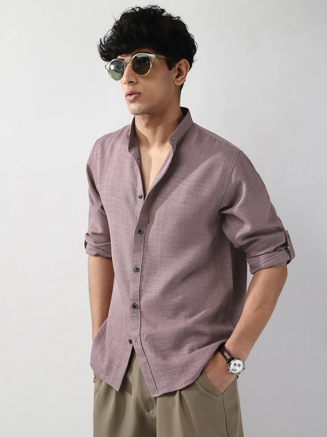 Men's Purple Linen Blend Full Sleeve Relaxed Fit Mandarin Collar Casual Solid Shirt - Image 3