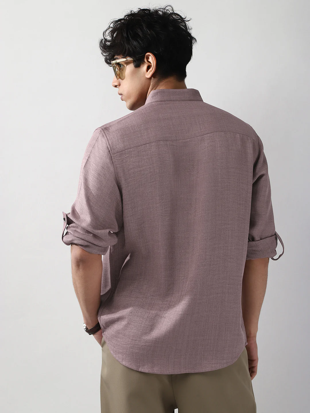 Men's Purple Linen Blend Full Sleeve Relaxed Fit Mandarin Collar Casual Solid Shirt - Image 4